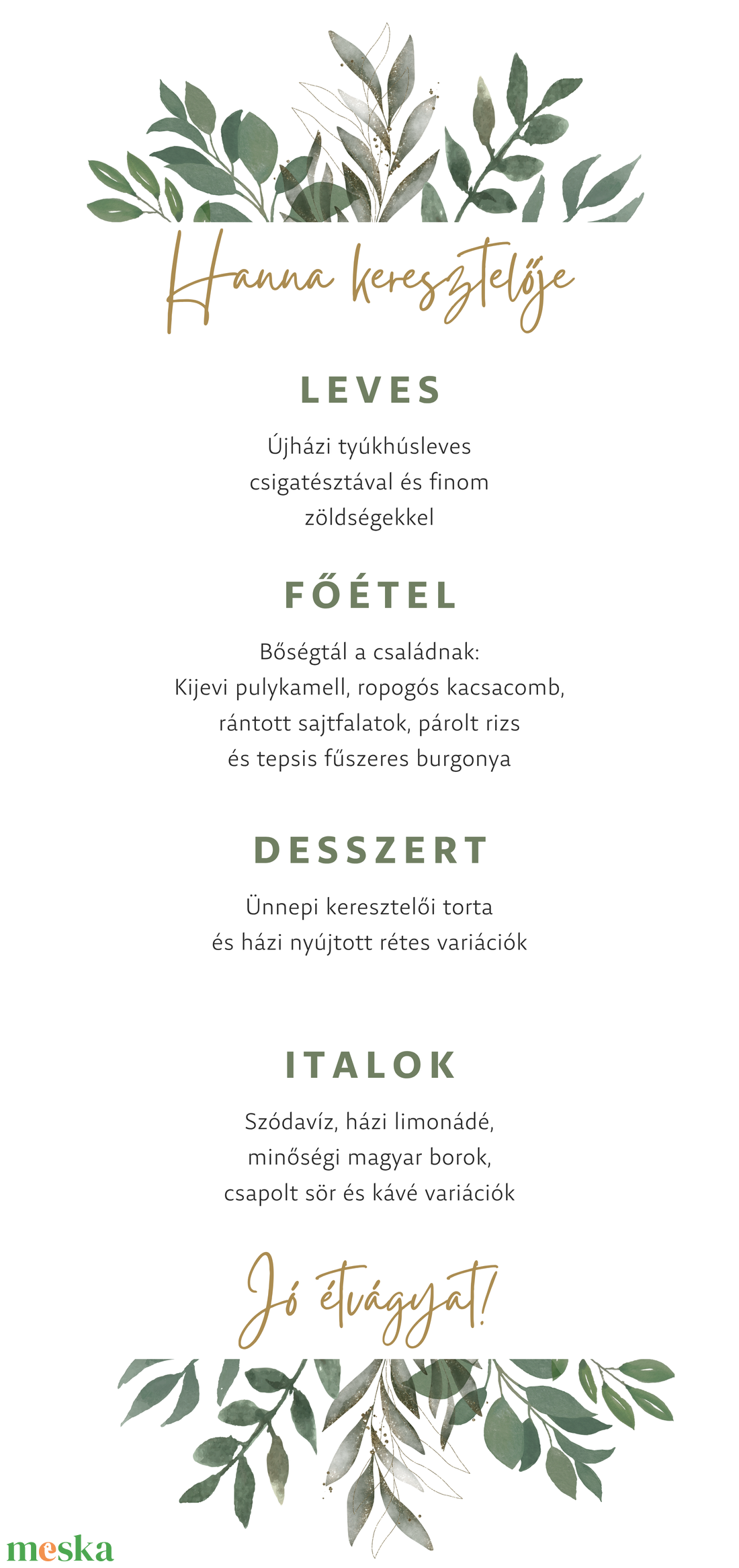 Keresztelő Menükártya Sablon � Szerkeszthető Kislányos Vadvirágos Greenery Asztali Menüsor Étlapelem - művészet - grafika & illusztráció - digitális - Meska.hu