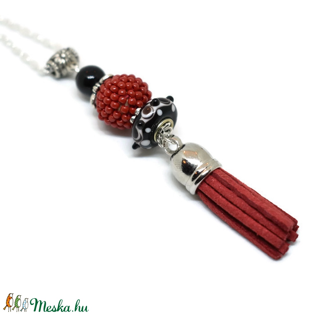 Piros fekete bojtos nyaklánc pandora gyönggyel -  - Meska.hu