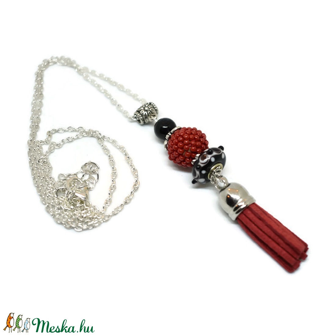 Piros fekete bojtos nyaklánc pandora gyönggyel -  - Meska.hu