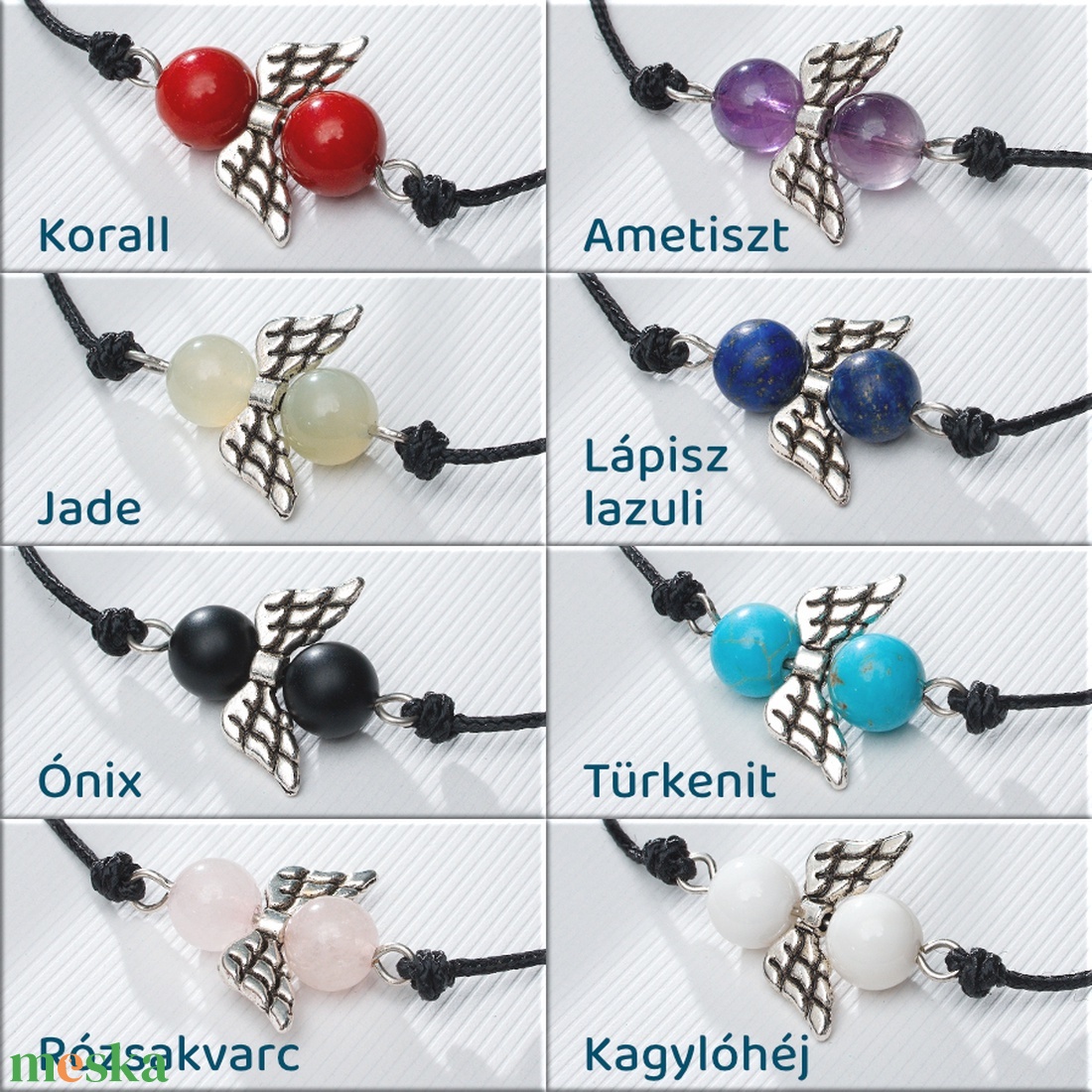 Minerva Angyal karkötő választható ásvánnyal: korall, jade, ónix, rózsakvarc, ametiszt, lápisz lazuli, türkenit, kagyló - ékszer - karkötő - karkötő medállal - Meska.hu