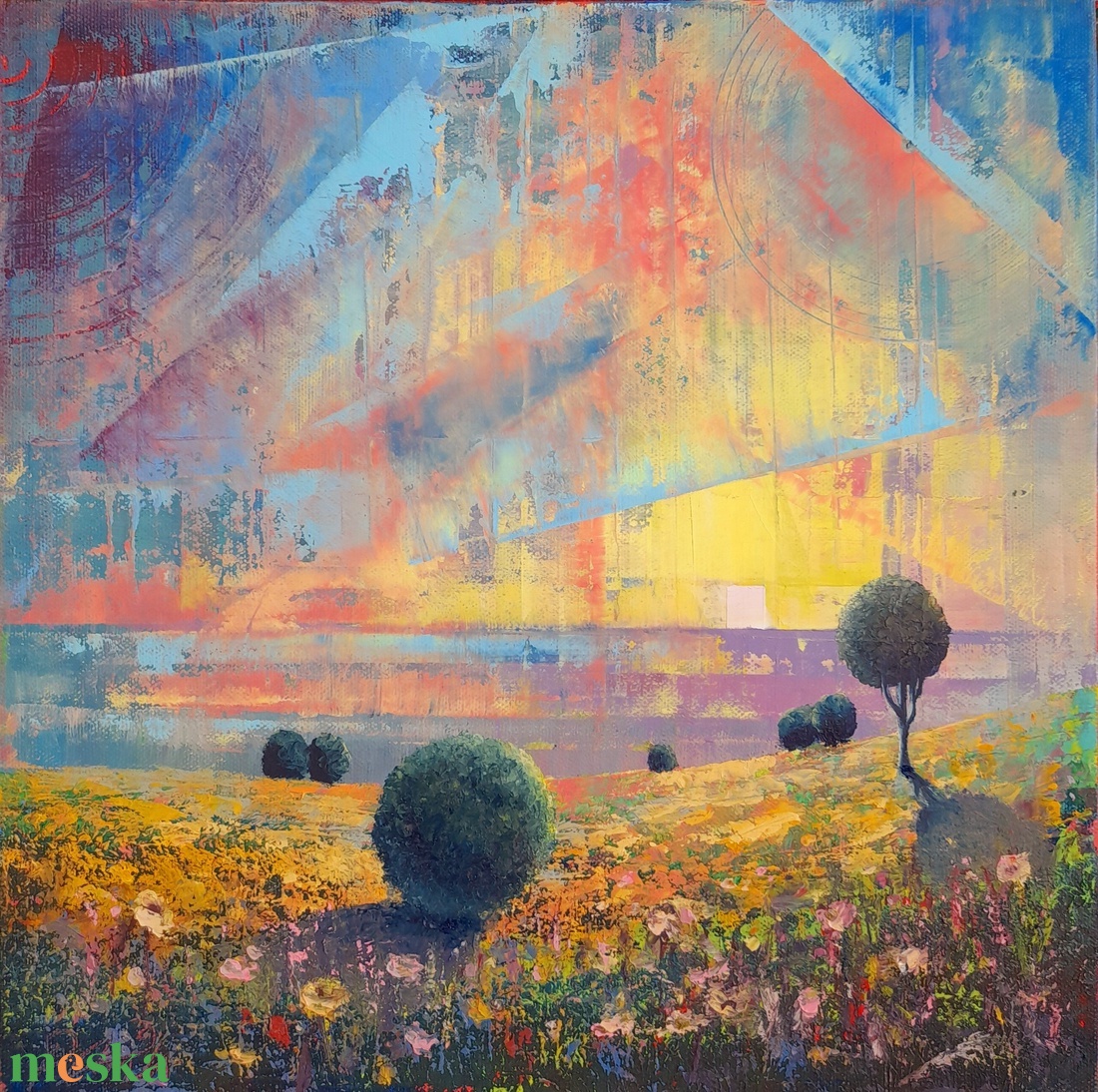 Alföld III. - Absztrakt tájkép, olajfestmény keretezve, akasztóval - azonnal falra akasztható. - művészet - festmény - olajfestmény - Meska.hu