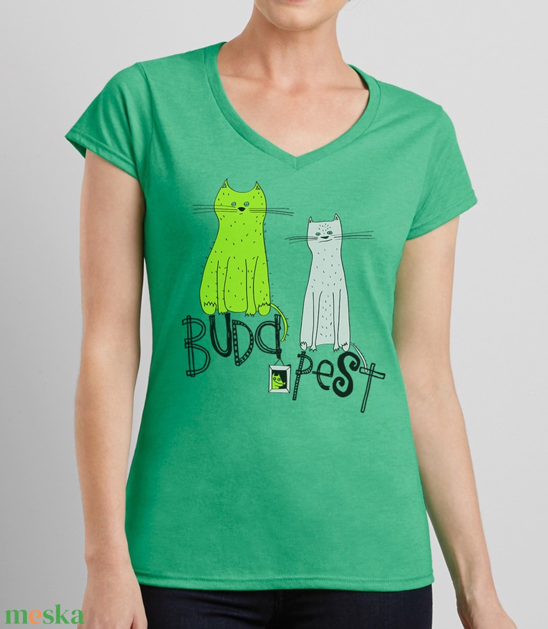 Két cica Budapest tetején - emlék a fővárosból, zöld női póló - ruha & divat - női ruha - póló, felső - Meska.hu