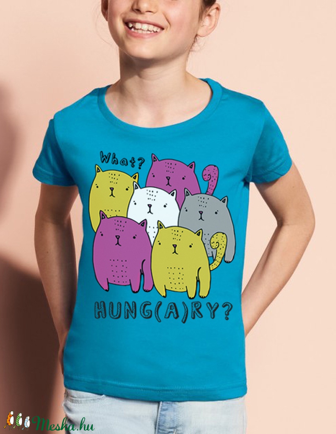 Éhes macskák - cicás kék kislány póló - ruha & divat - babaruha & gyerekruha - póló - Meska.hu