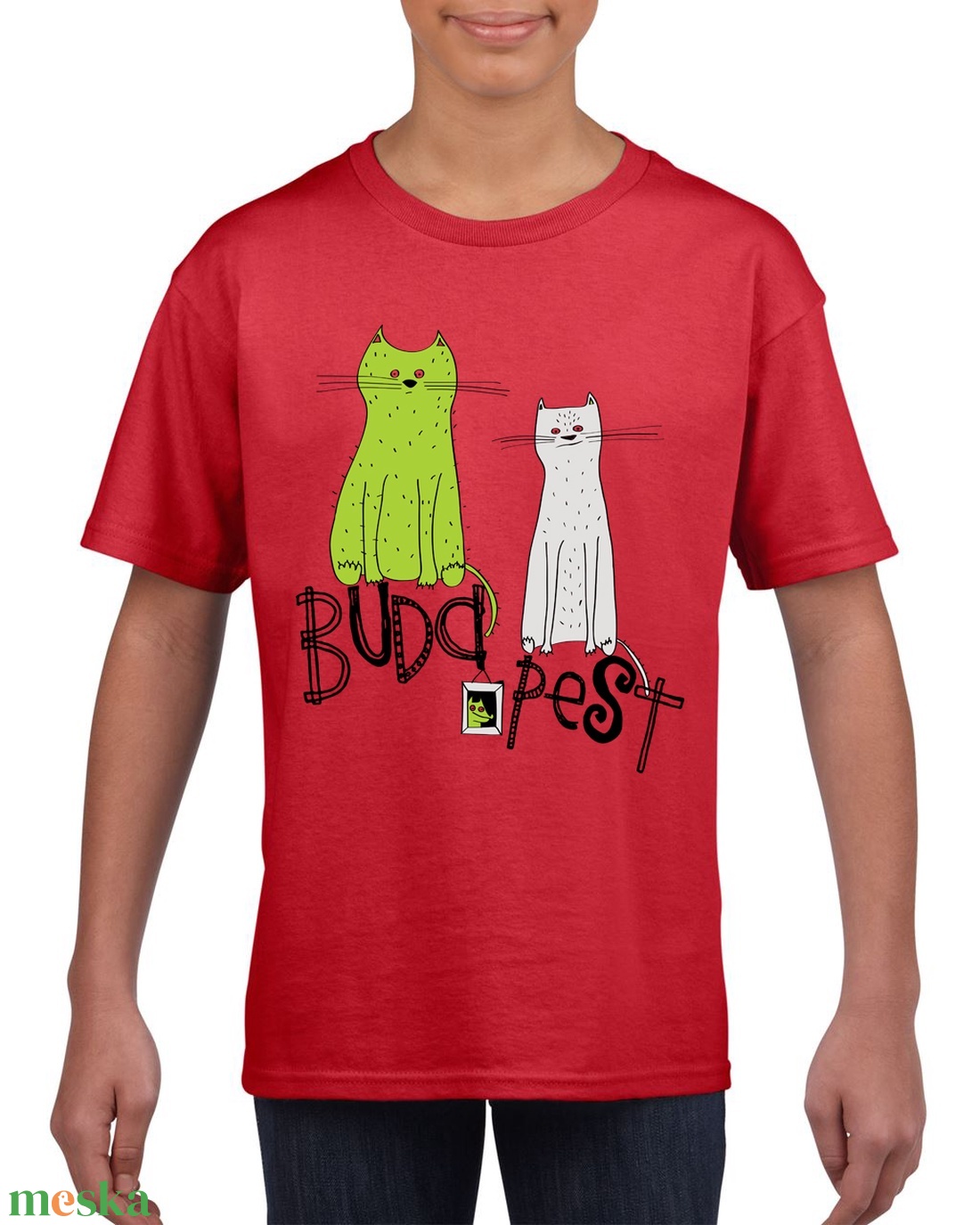 Cicák és Budapest - piros macskás gyerek póló - uniszex - ruha & divat - babaruha & gyerekruha - póló - Meska.hu
