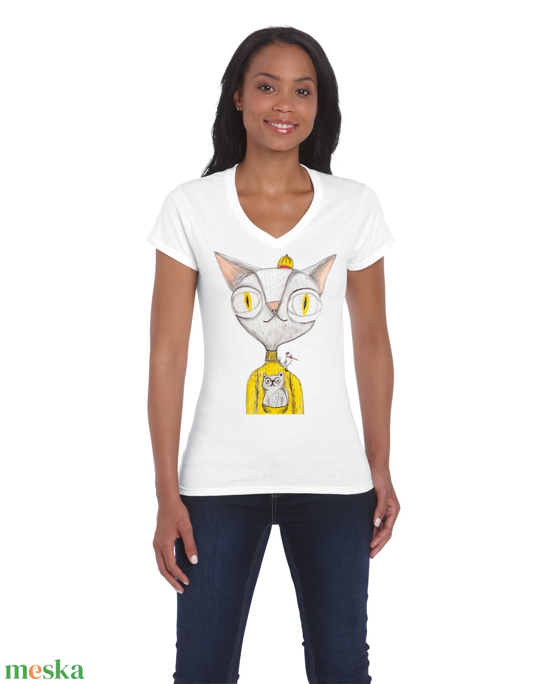 Városi kandúr - macskás női póló, V-nyakú  - ruha & divat - női ruha - póló, felső - Meska.hu