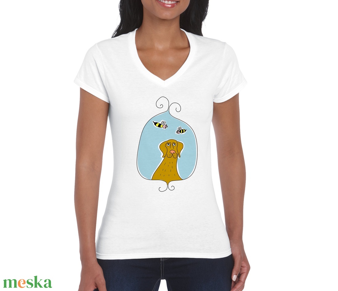 Vizsla méhekkel - kutyás női póló, V-nyakú  - ruha & divat - női ruha - póló, felső - Meska.hu