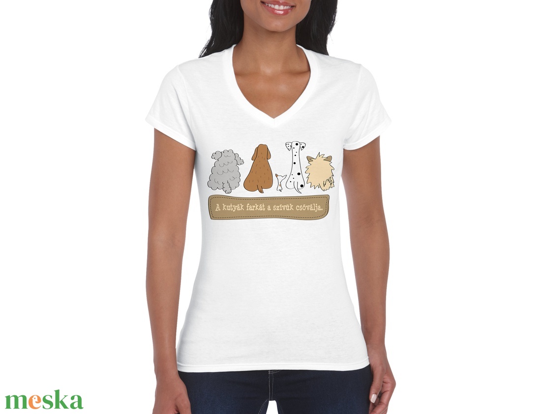 Kutyás póló pozitív üzenettel - V-nyakú női póló - ruha & divat - női ruha - póló, felső - Meska.hu