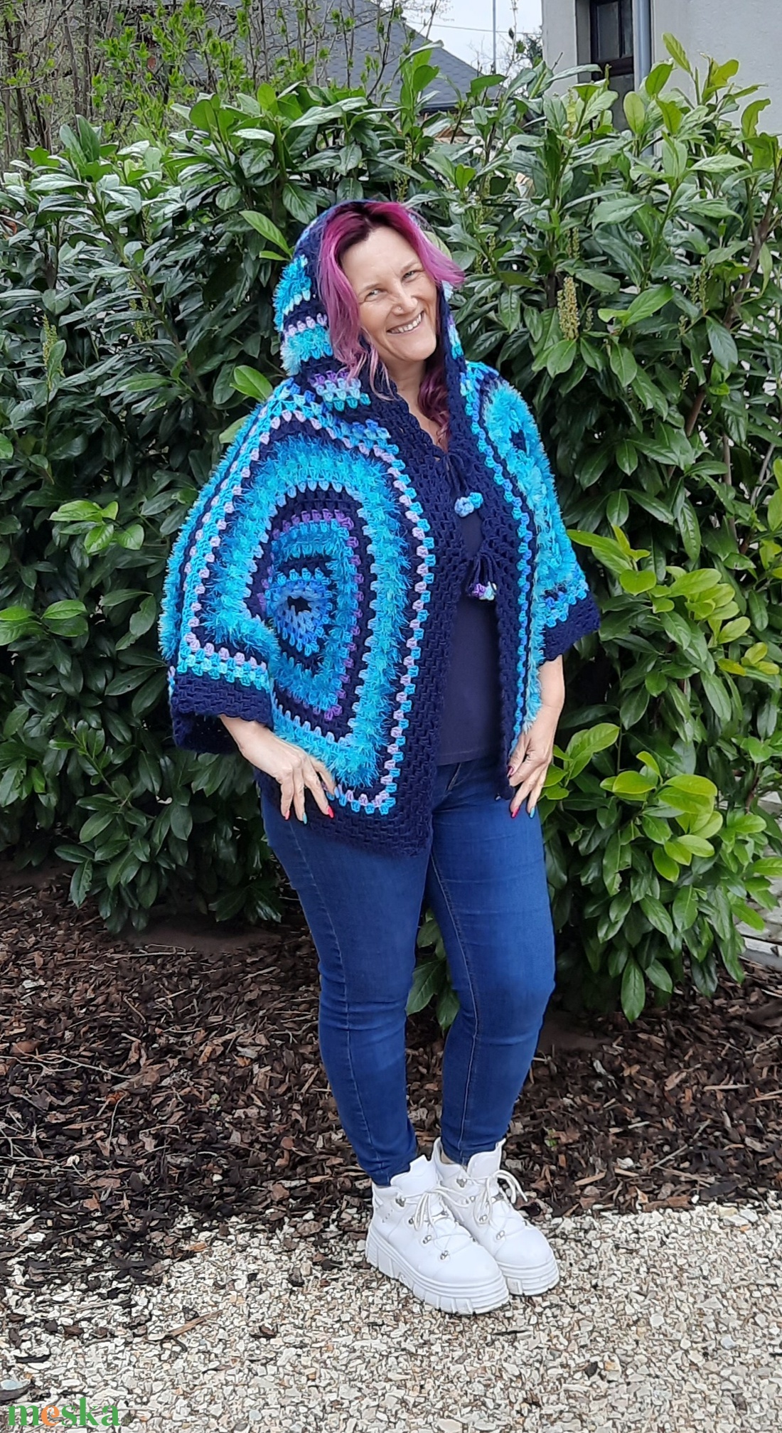Boho styl horgolt kardigán türkiz - ruha & divat - női ruha - pulóver - Meska.hu