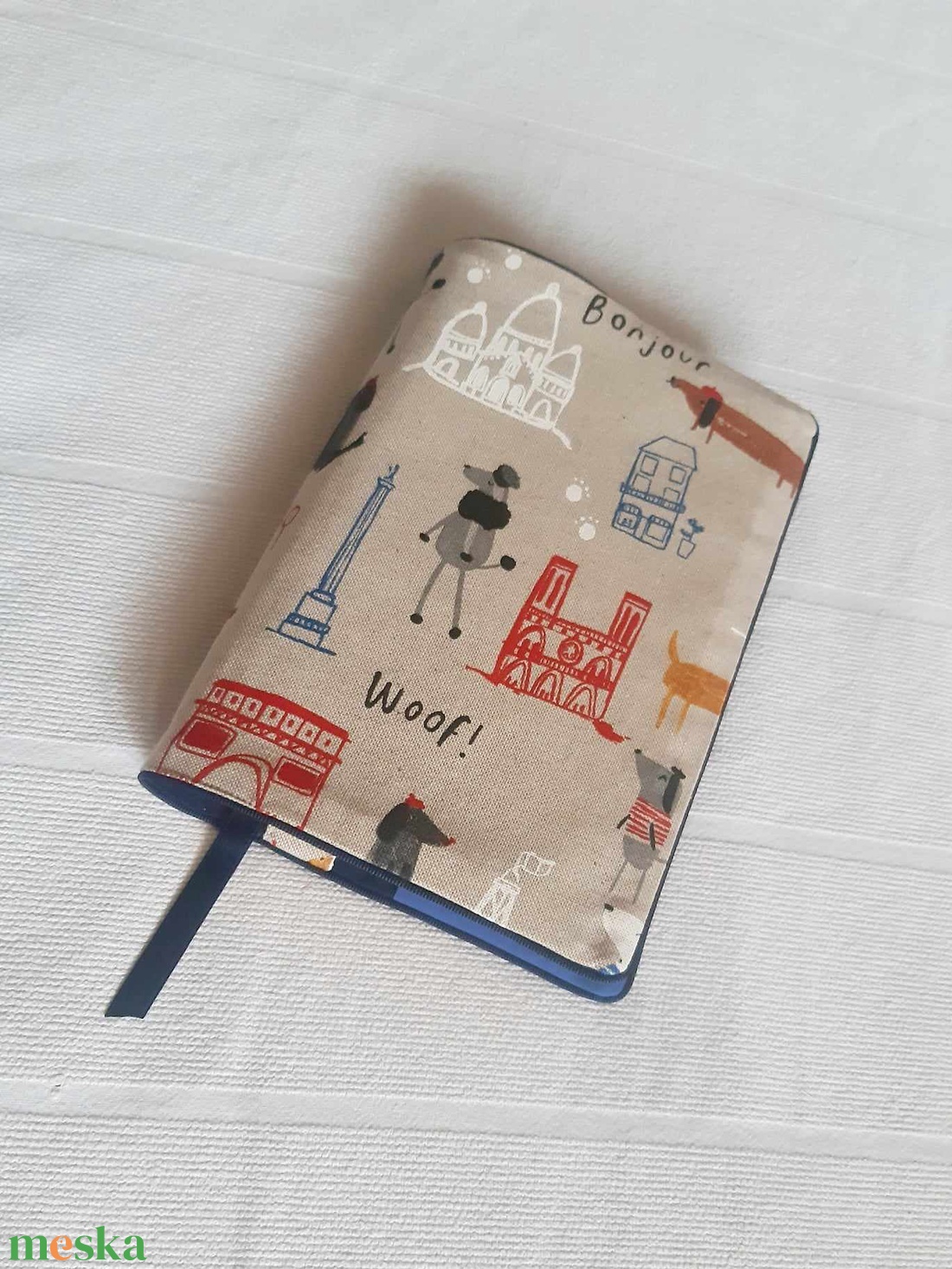 Könyvkabát -Paris, Bonjour, Woof - otthon & életmód - papír, írószer - könyv- és füzetborító - Meska.hu