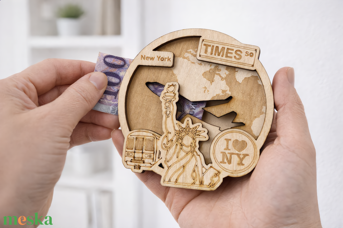 New York - Utazás tematikájú fa pénzajándék átadó - Pauze Money Gift - otthon & életmód - papír, írószer - ajándékozás kellékei - pénzátadó doboz - Meska.hu