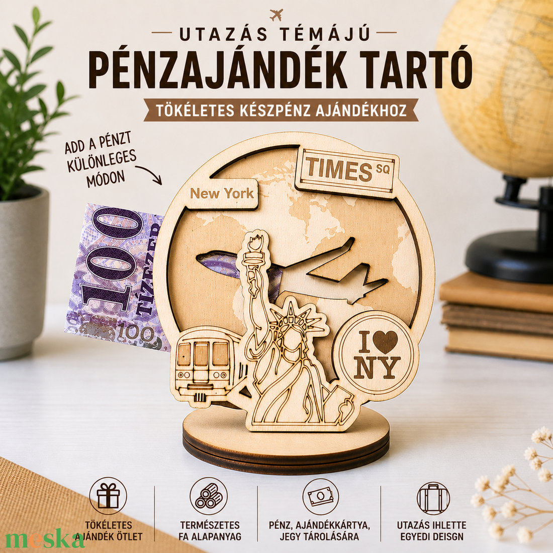 New York - Utazás tematikájú fa pénzajándék átadó - Pauze Money Gift - otthon & életmód - papír, írószer - ajándékozás kellékei - pénzátadó doboz - Meska.hu
