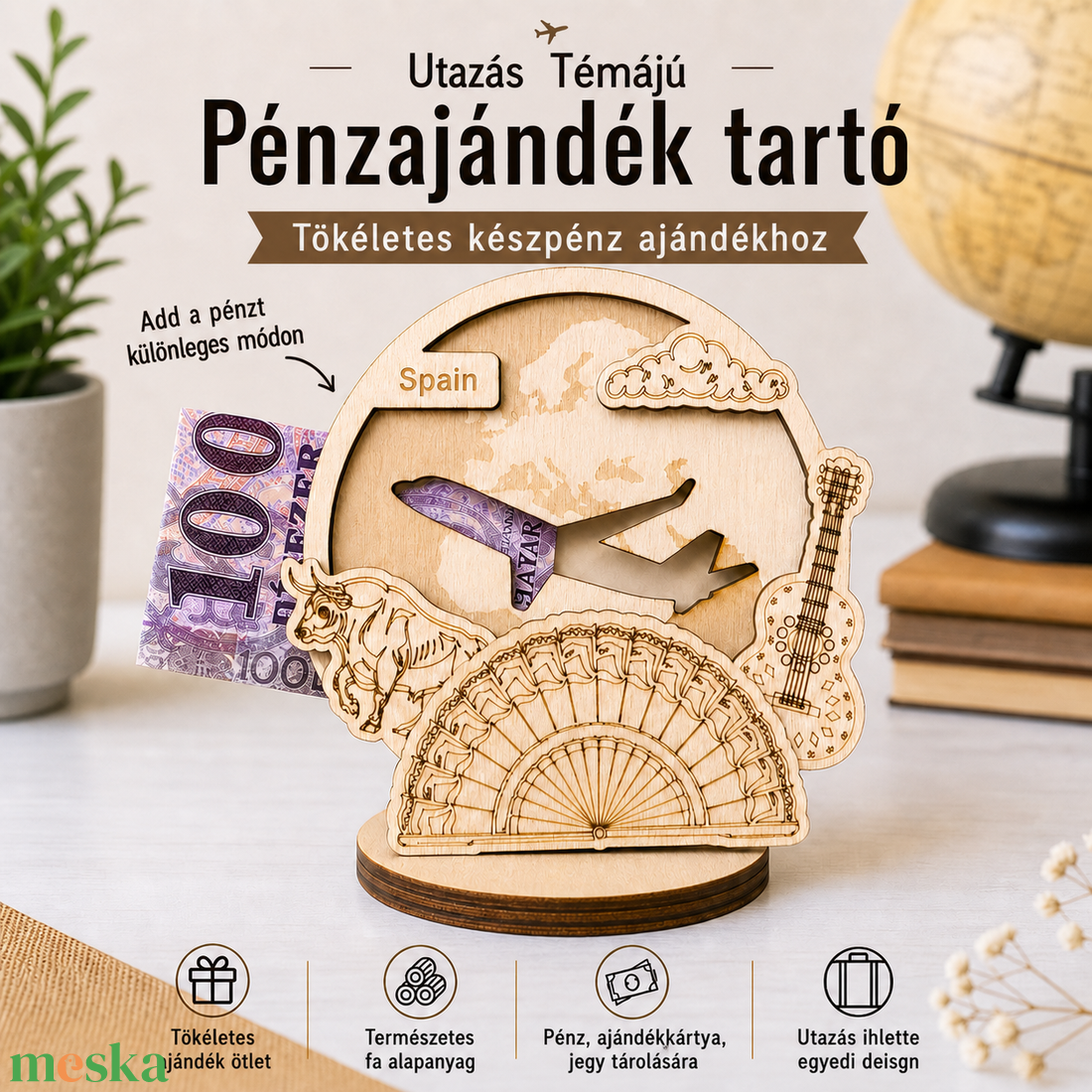 Spanyolország - Utazás tematikájú fa pénzajándék átadó - Pauze Money Gift - otthon & életmód - papír, írószer - ajándékozás kellékei - pénzátadó doboz - Meska.hu