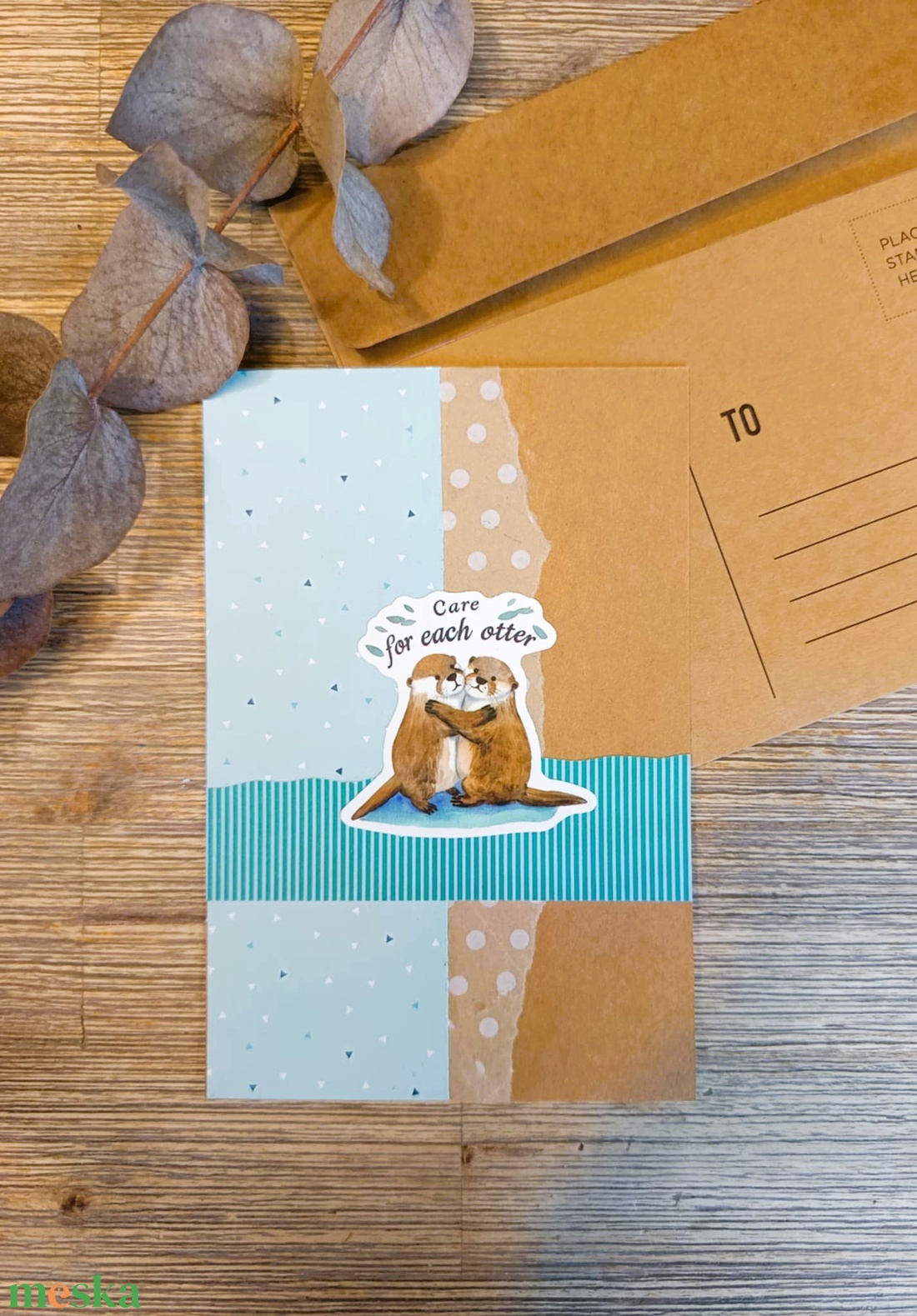 Egyedi képeslap kollázs technikával - Care for each otter /vidrák/  - otthon & életmód - papír, írószer - ajándékozás kellékei - képeslap, üdvözlőlap - Meska.hu