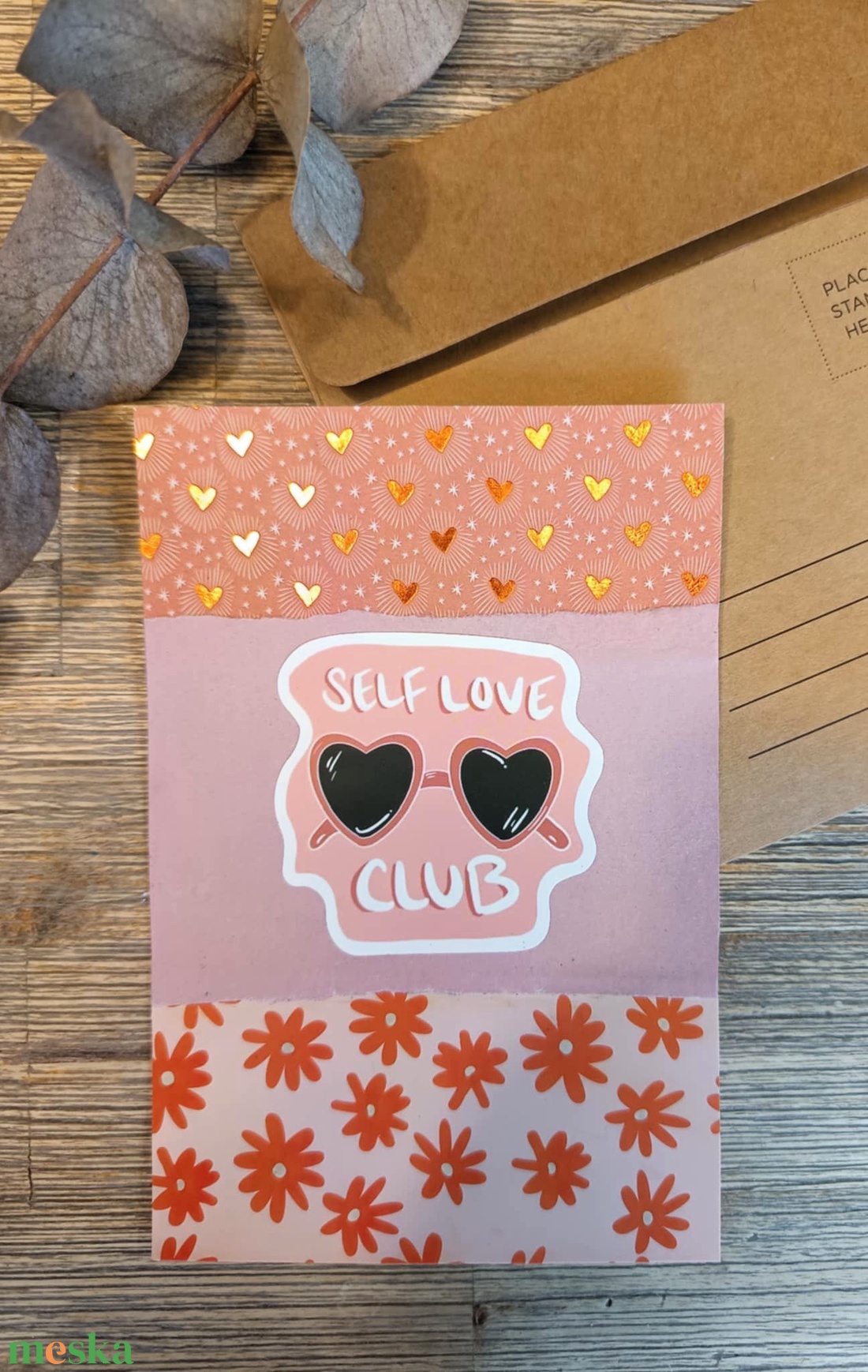 Egyedi képeslap kollázs technikával - Self love club - otthon & életmód - papír, írószer - ajándékozás kellékei - képeslap, üdvözlőlap - Meska.hu