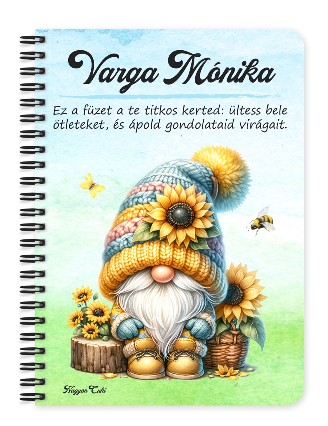 Személyre szabható - Ülő napraforgós manó mintás A5-ös füzet - otthon & életmód - papír, írószer - jegyzetfüzet & napló - Meska.hu
