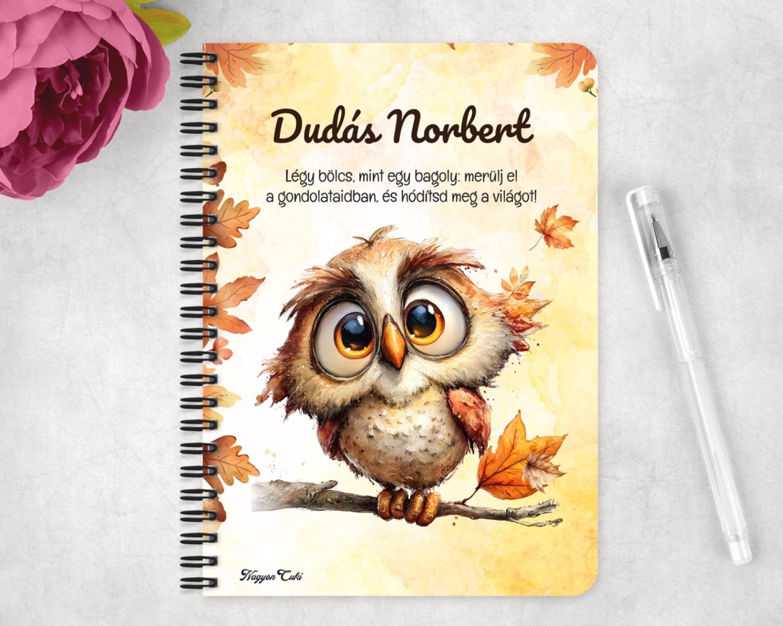 Személyre szabható - Cuki őszi bagoly fiú mintás A5-ös füzet - otthon & életmód - papír, írószer - jegyzetfüzet & napló - Meska.hu