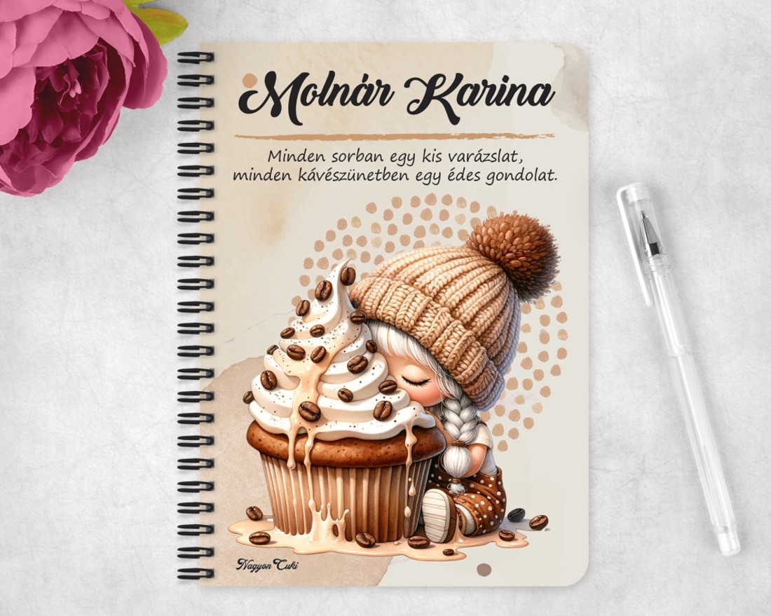 Személyre szabható - Sütifaló kávés manó lány mintás A6-os füzet - otthon & életmód - papír, írószer - jegyzetfüzet & napló - Meska.hu