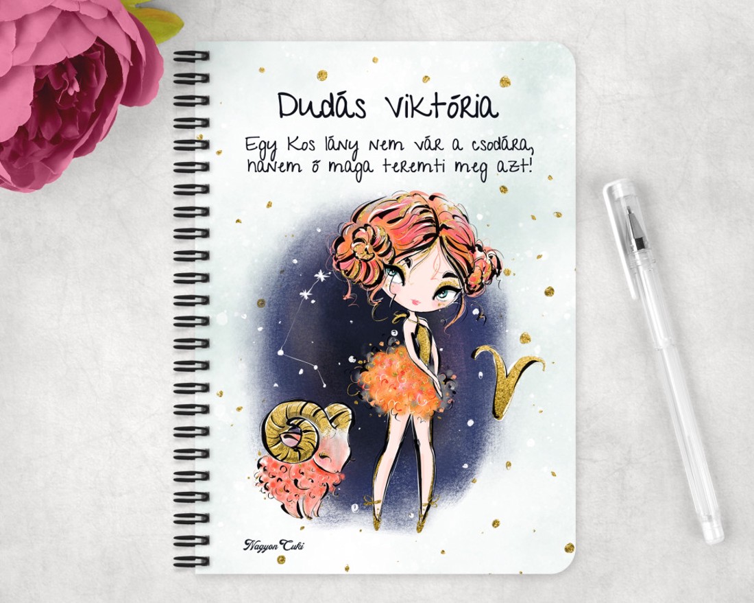 Személyre szabható - Vörös hajú Csini Kos lány mintás A5-ös füzet - otthon & életmód - papír, írószer - jegyzetfüzet & napló - Meska.hu