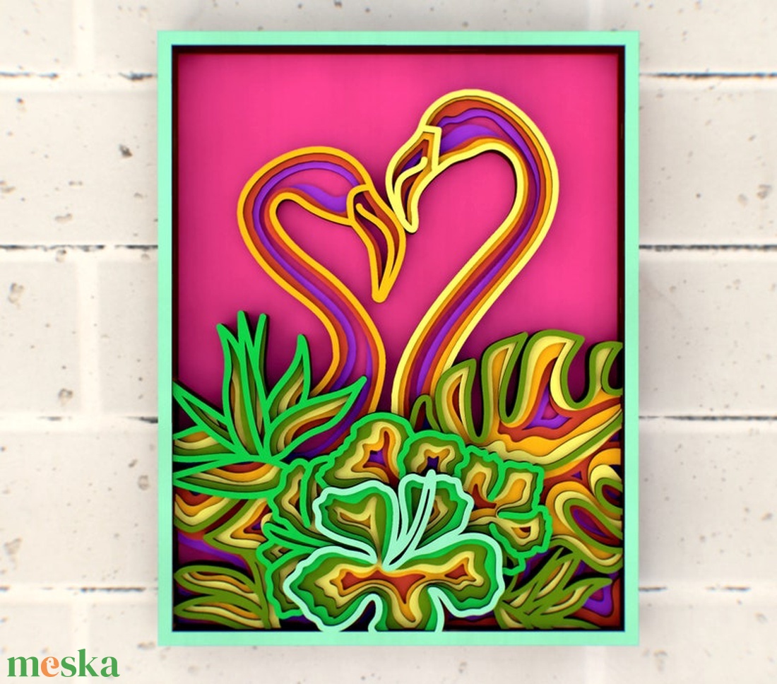 Szívet formázó flamingók - fali kép, 8 rétegű, XXL - otthon & lakás - dekoráció - kép & falikép - fából készült kép - Meska.hu