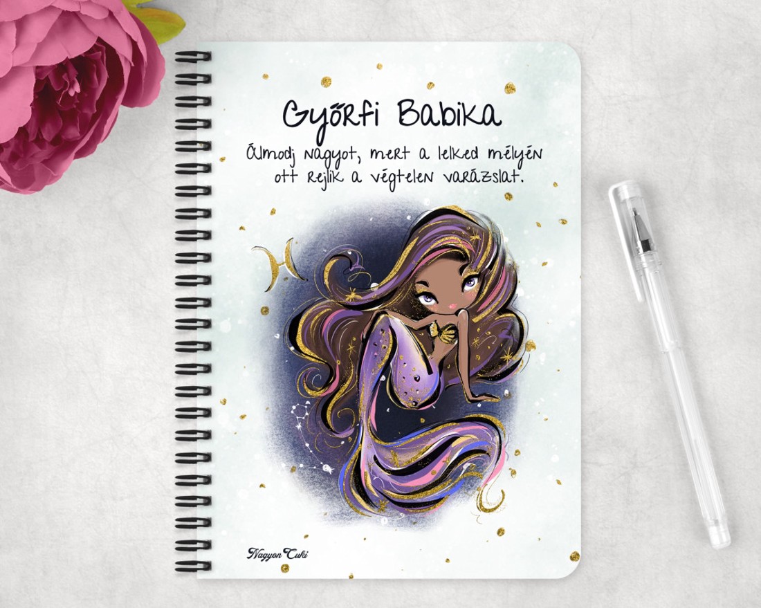 Személyre szabható - Barna hajú Csini Halak lány mintás A5-ös füzet - otthon & életmód - papír, írószer - jegyzetfüzet & napló - Meska.hu