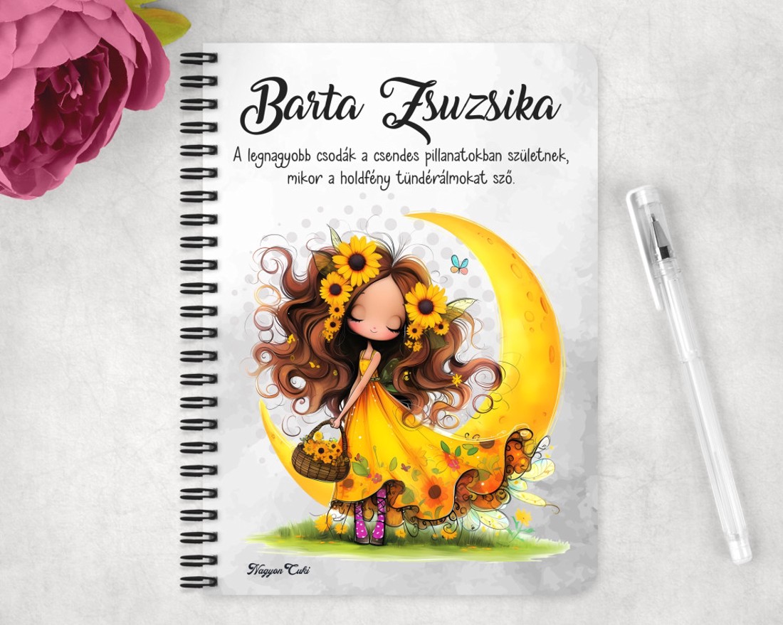 Személyre szabható - Cuki Napraforgós tündérlány kosárral mintás A6-os füzet - otthon & életmód - papír, írószer - jegyzetfüzet & napló - Meska.hu