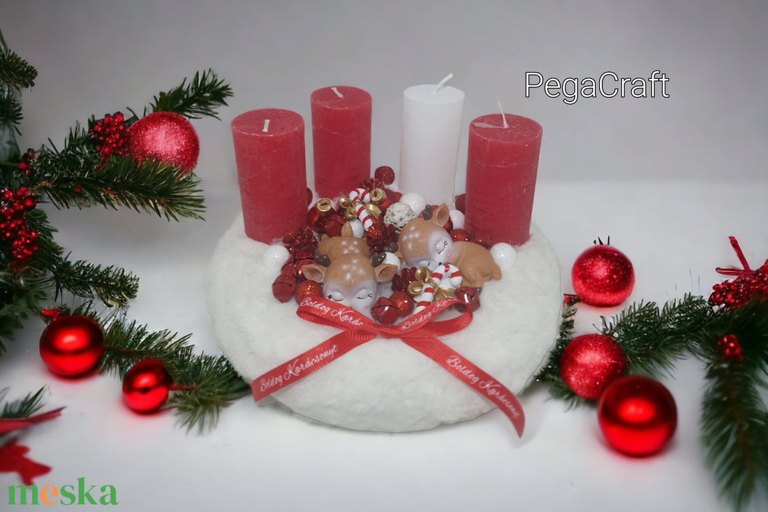 Piros - fehér szarvasos adventi  - karácsony - adventi díszek - adventi koszorú - Meska.hu