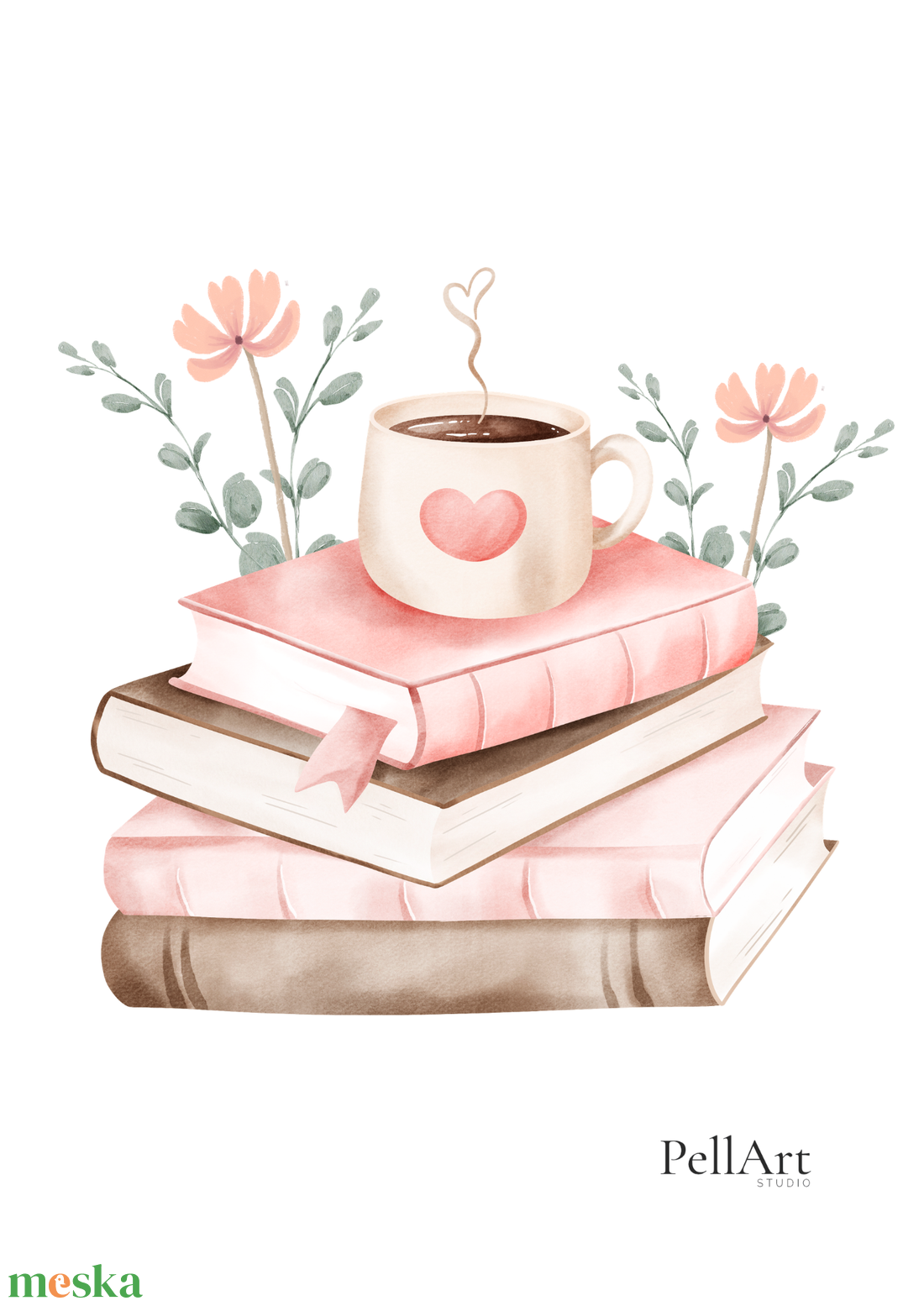 Akvarell Falikép - Könyvmolyoknak és Kávékedvelőknek - Vadvirágos ábránd - Digitális vagy A4 nyomat - művészet - grafika & illusztráció - digitális - Meska.hu