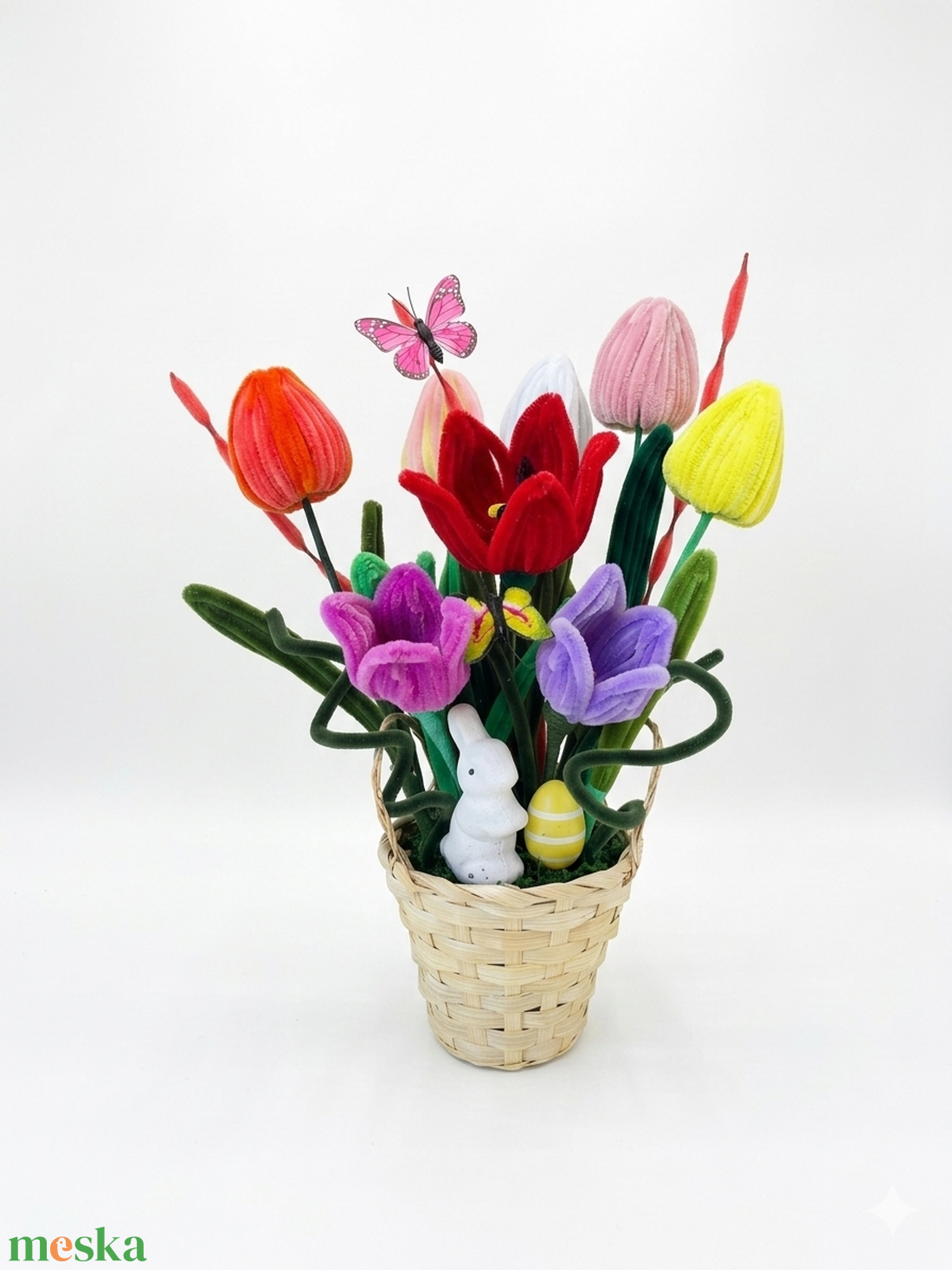 Húsvéti tulipános ajándék kosár nyuszival � tavaszi dekoráció - otthon & életmód - virágdekoráció - virágdíszek - asztali virágdísz - Meska.hu
