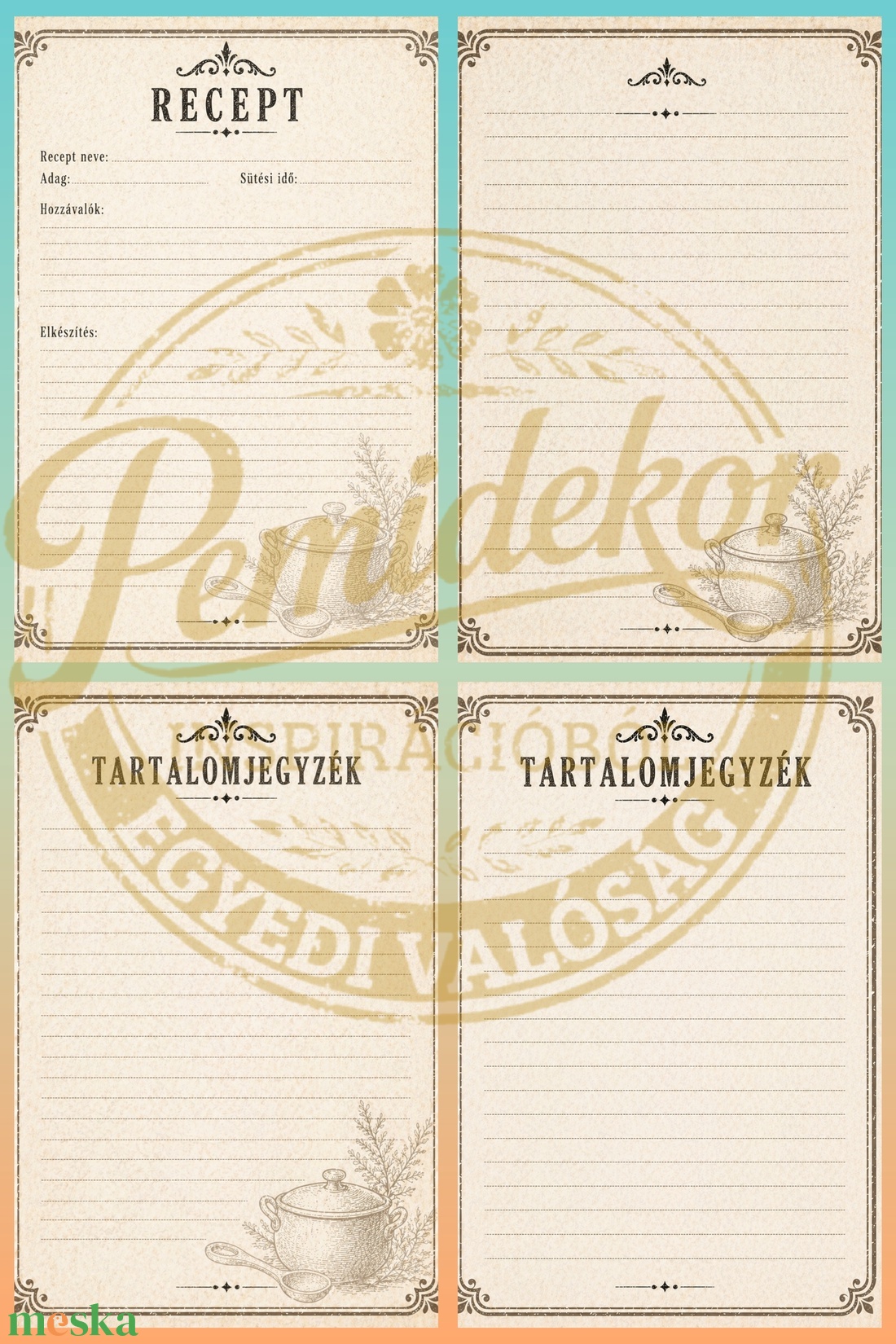 Vintage Családi Receptgyűjtő Csomag � Nyomtatható PDF (A4) 8 db.  - kellékek & szerszámok - papír - dekorációs papír - Meska.hu