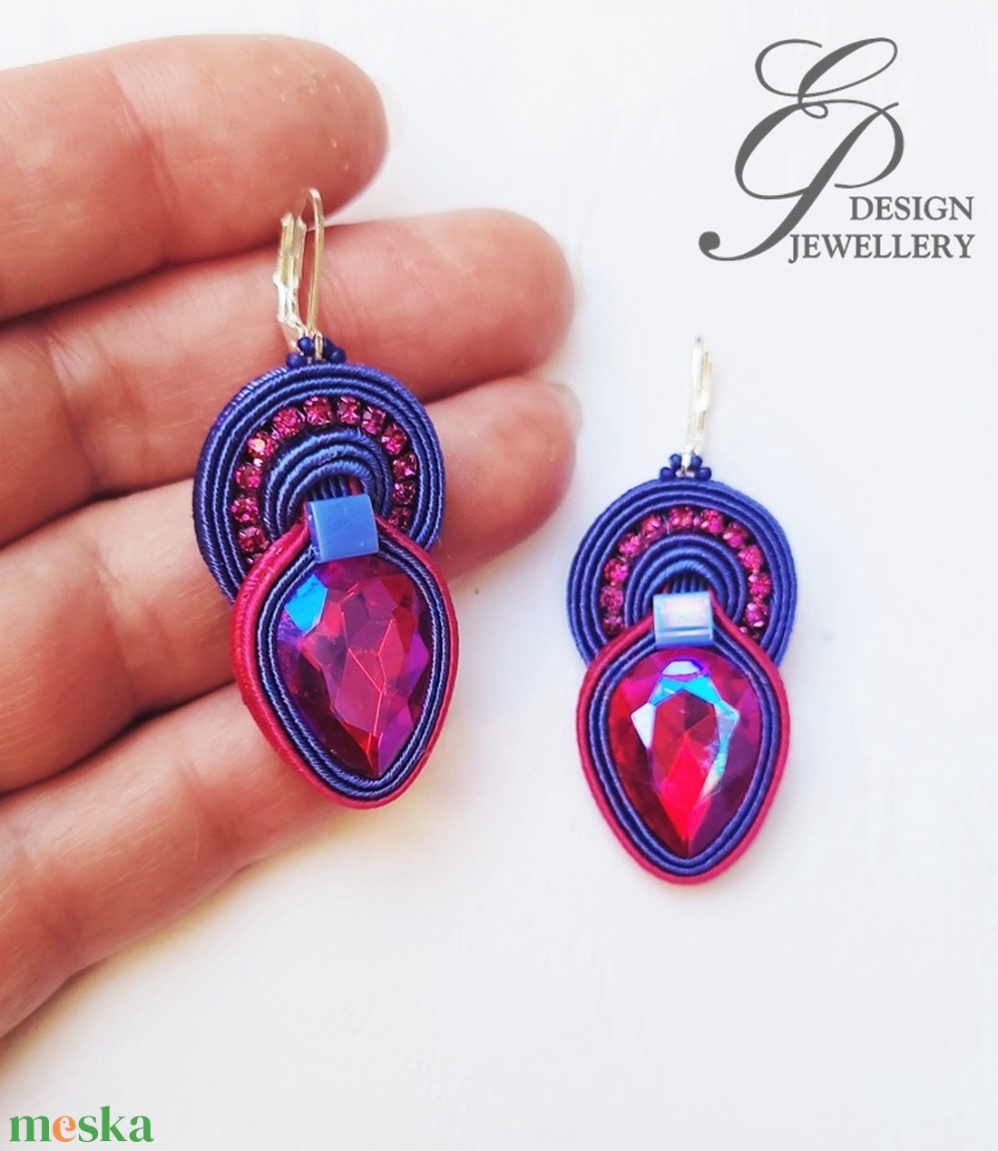 SF257 Pink kékkel sujtás fülbevaló - ékszer - fülbevaló - lógó fülbevaló - Meska.hu