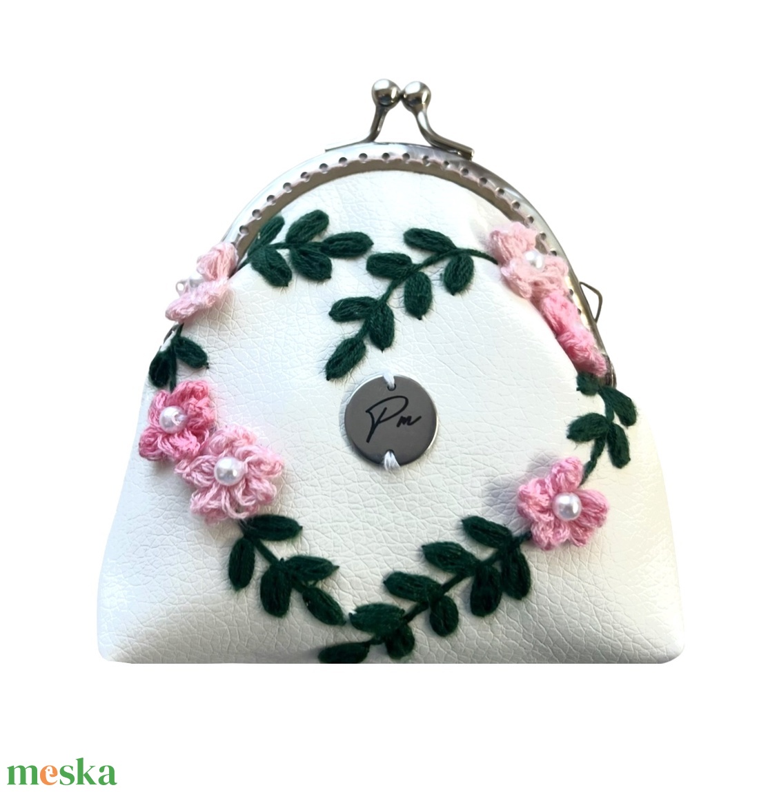 Cseresznyevirágos, kézzel hímzett csatos pénztárca - táska & tok - pénztárca & más tok - aprópénztartó - Meska.hu