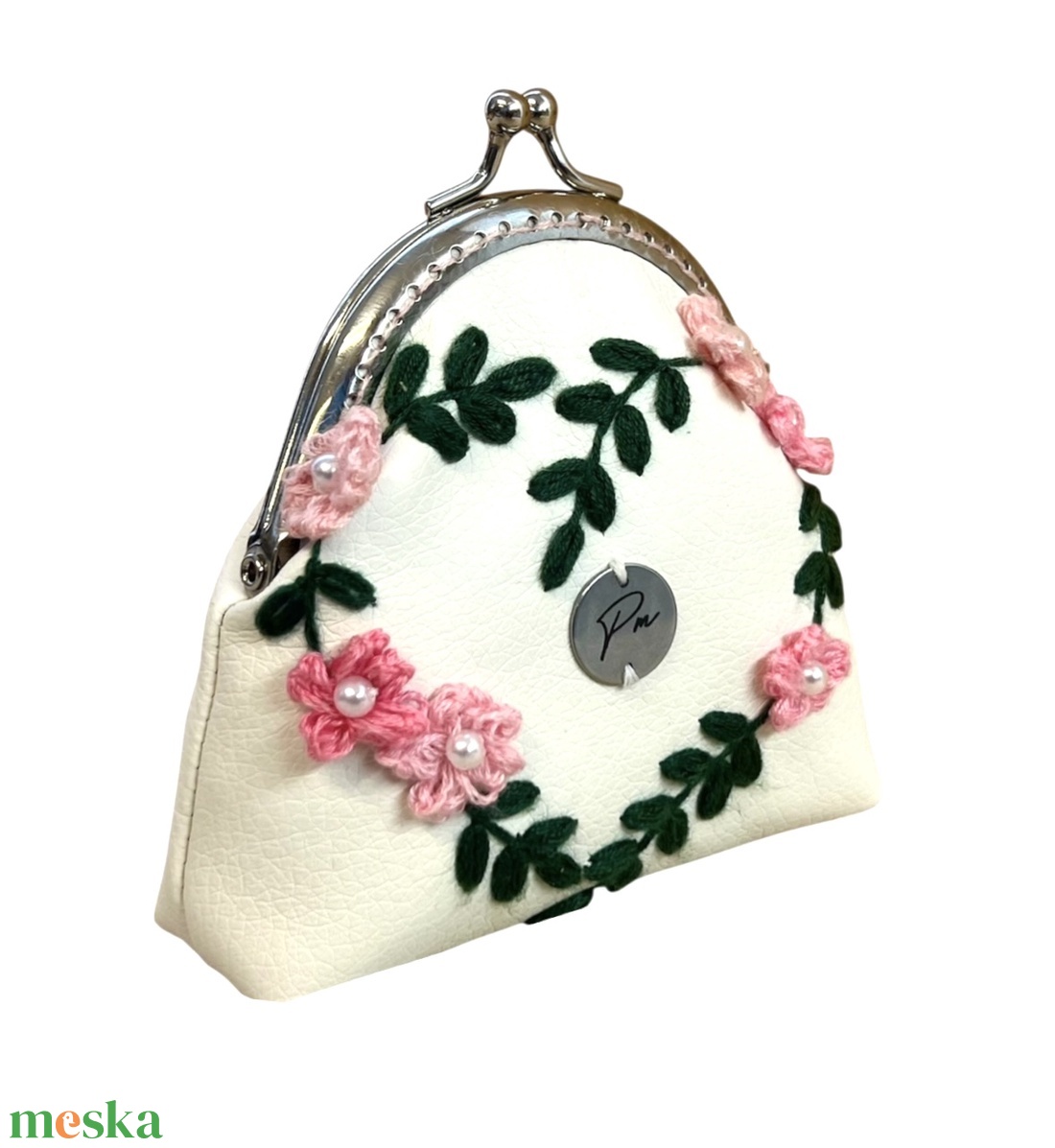 Cseresznyevirágos, kézzel hímzett csatos pénztárca - táska & tok - pénztárca & más tok - aprópénztartó - Meska.hu