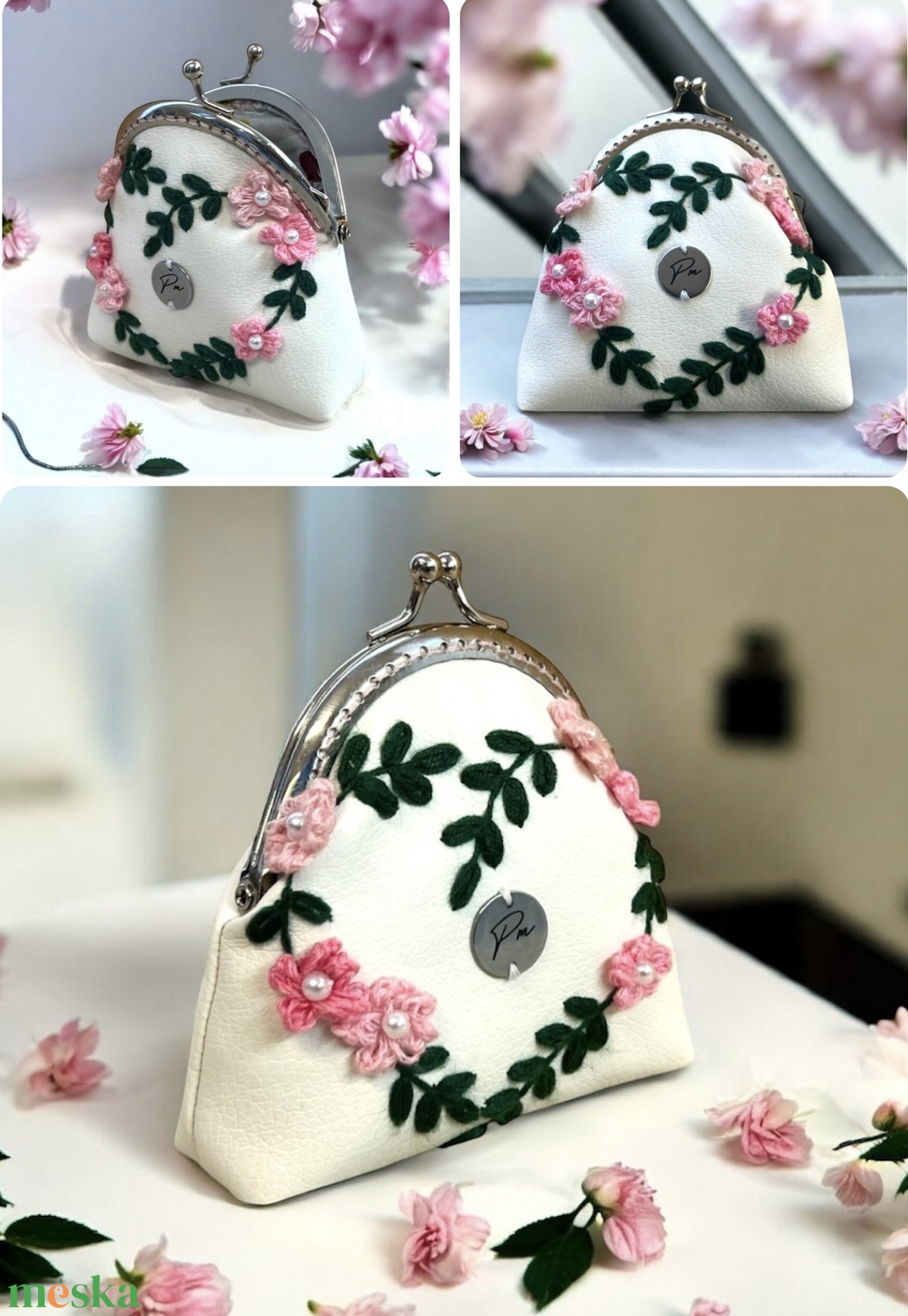 Cseresznyevirágos, kézzel hímzett csatos pénztárca - táska & tok - pénztárca & más tok - aprópénztartó - Meska.hu