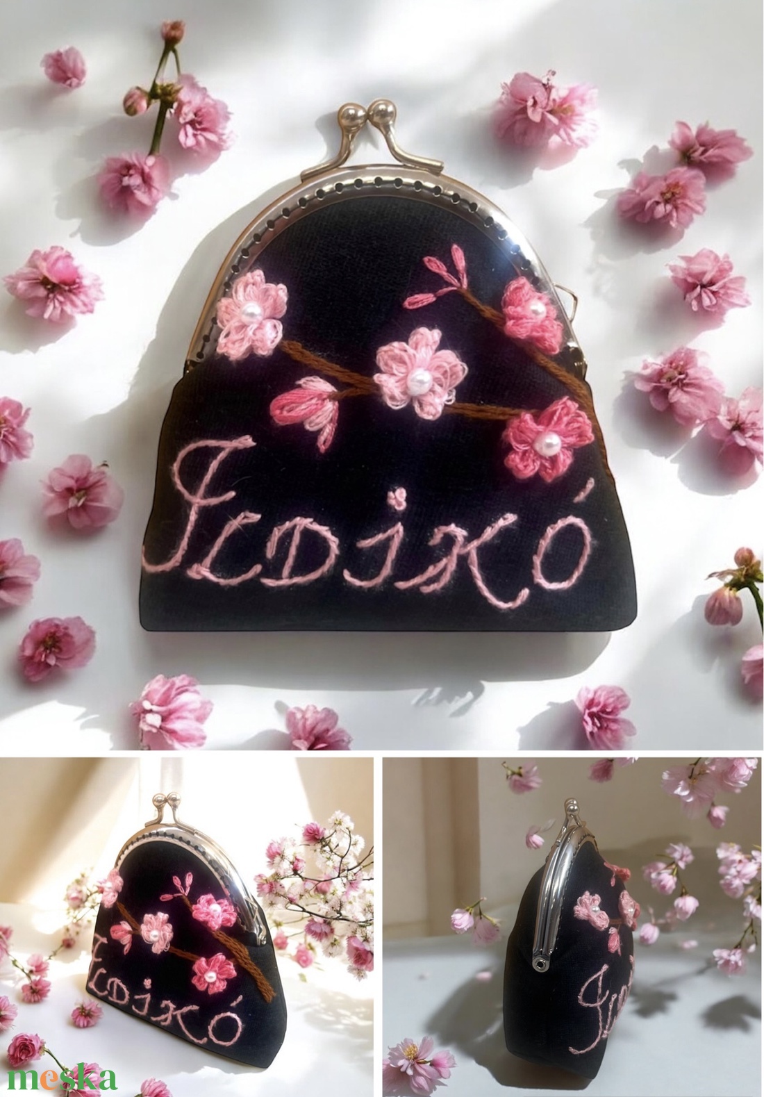 Virágos, gyöngyös, kézzel hímzett csatos pénztárca - táska & tok - pénztárca & más tok - aprópénztartó - Meska.hu