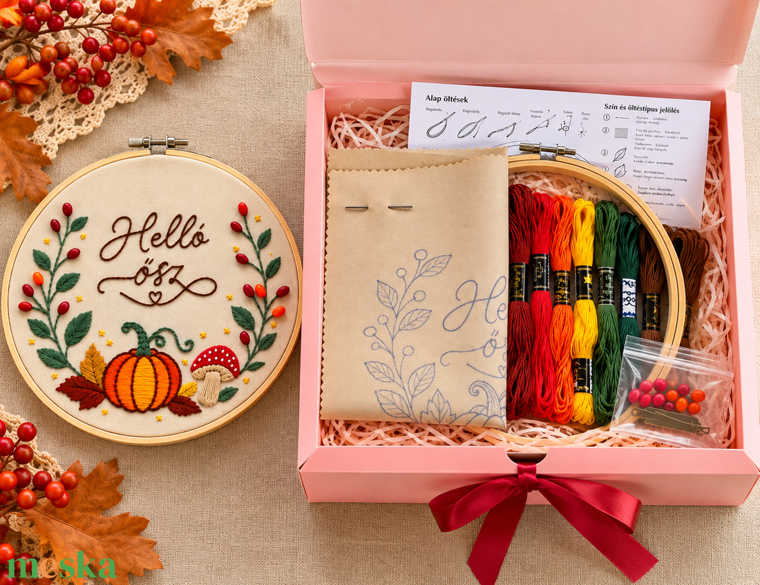 �Helló ősz � hímzőkészlet, DIY alkotócsomag, 20 cm-es őszi hímzés - diy (csináld magad) - szabásminta, útmutató - hímzés minta - Meska.hu