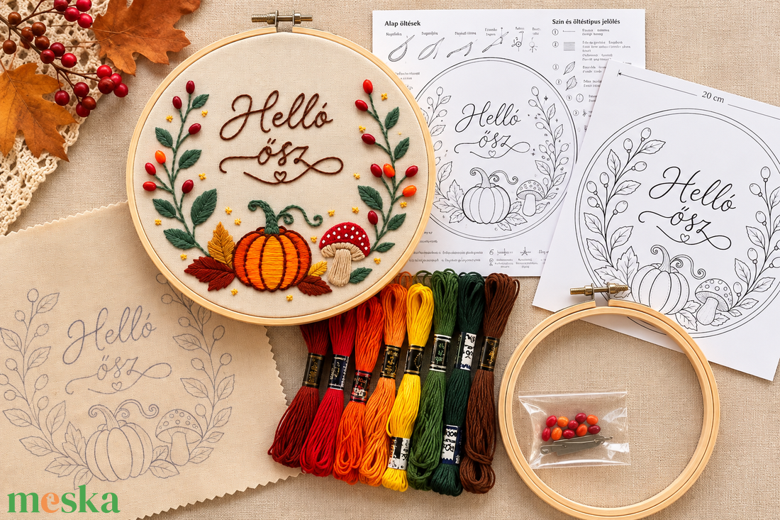 �Helló ősz � hímzőkészlet, DIY alkotócsomag, 20 cm-es őszi hímzés - diy (csináld magad) - szabásminta, útmutató - hímzés minta - Meska.hu