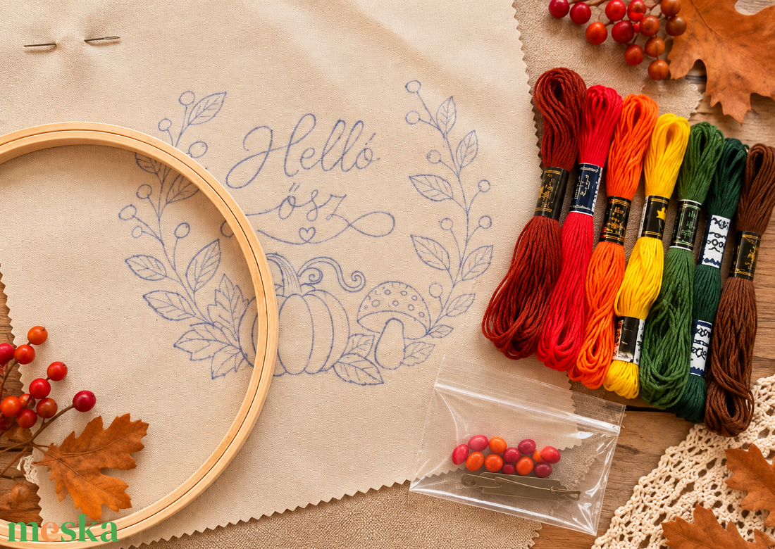�Helló ősz � hímzőkészlet, DIY alkotócsomag, 20 cm-es őszi hímzés - diy (csináld magad) - szabásminta, útmutató - hímzés minta - Meska.hu