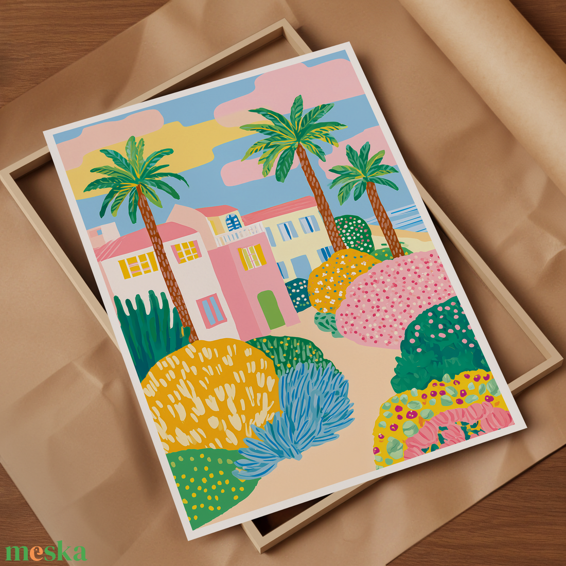 Palm Beach Dreamin  Színes házak és pálmafák faliké - művészet - grafika & illusztráció - művészi nyomat - Meska.hu