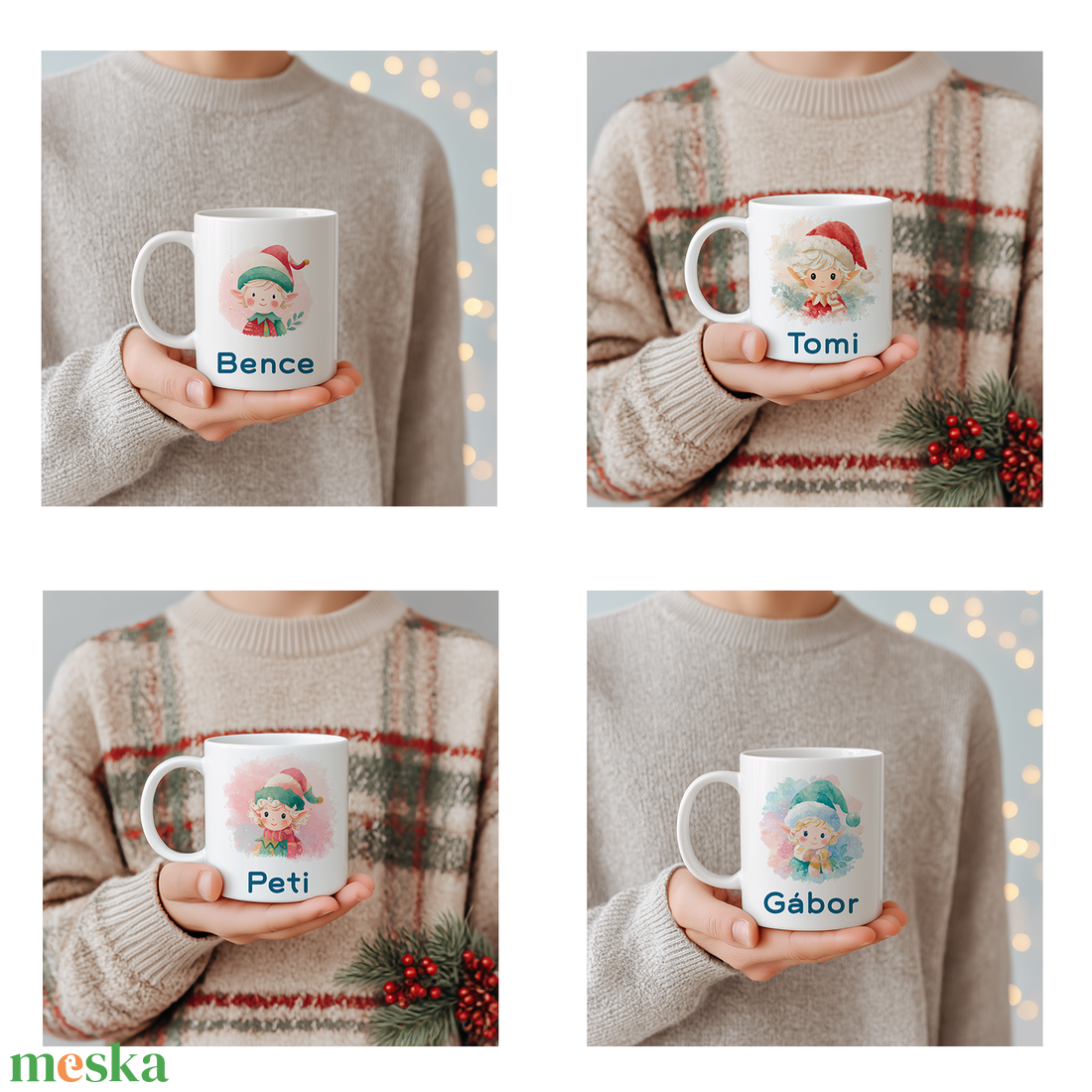 Névre szóló Fiú Manós bögre  vízfesték hatású karácsonyi minta, 3 dl - otthon & életmód - konyhafelszerelés, tálalás - tálalás - bögre & csésze - Meska.hu