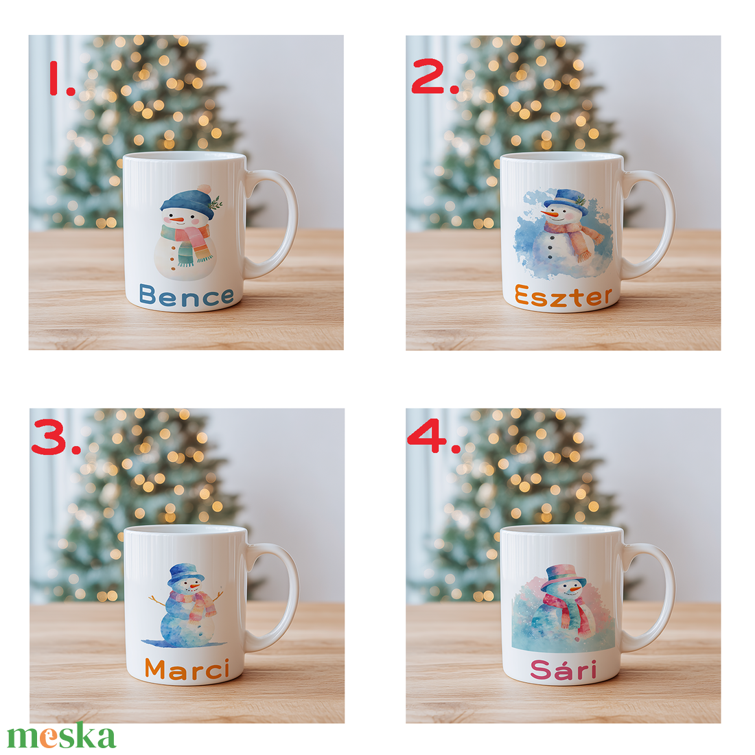 Névre szóló Hóemberes bögre  vízfesték hatású karácsonyi minta, 3 dl - otthon & életmód - konyhafelszerelés, tálalás - tálalás - bögre & csésze - Meska.hu