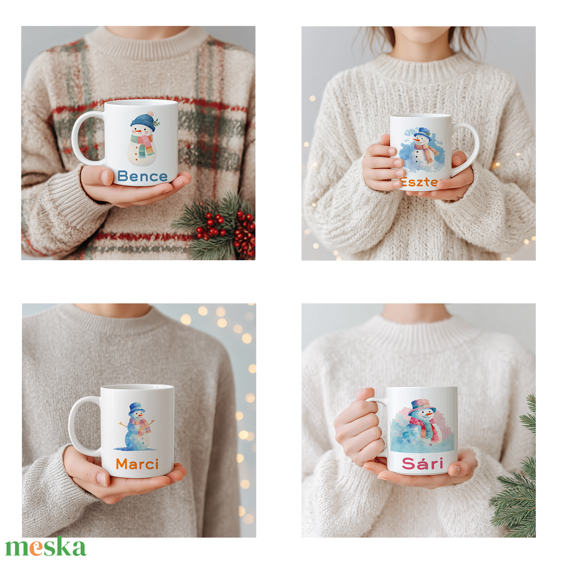 Névre szóló Hóemberes bögre  vízfesték hatású karácsonyi minta, 3 dl - otthon & életmód - konyhafelszerelés, tálalás - tálalás - bögre & csésze - Meska.hu
