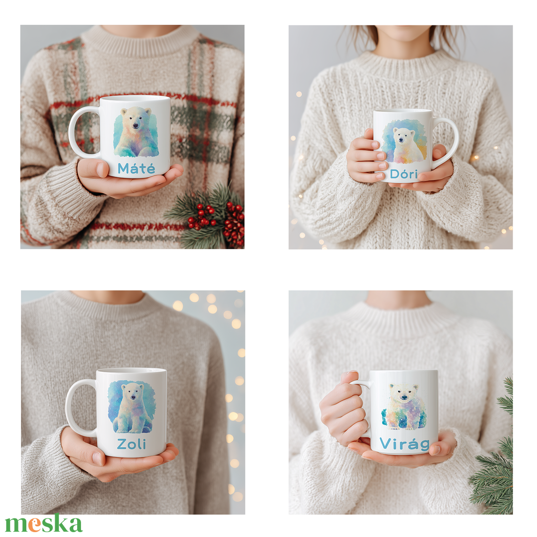 Névre szóló Jegesmedvés bögre  vízfesték hatású minta, 3 dl - otthon & életmód - konyhafelszerelés, tálalás - tálalás - bögre & csésze - Meska.hu