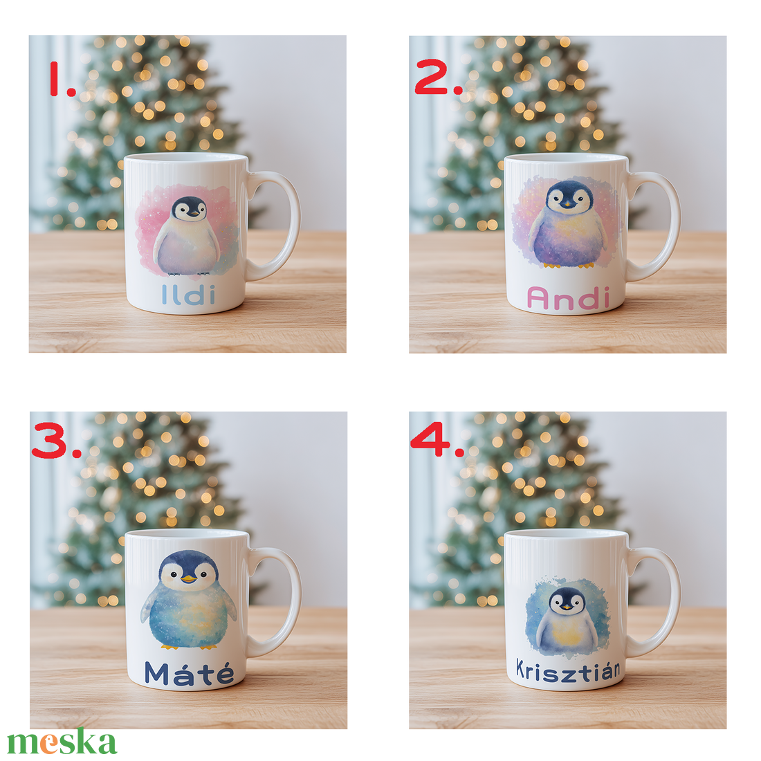 Névre szóló Pingvines bögre  vízfesték hatású karácsonyi ajándék (4 minta, 3 dl) - otthon & életmód - konyhafelszerelés, tálalás - tálalás - bögre & csésze - Meska.hu