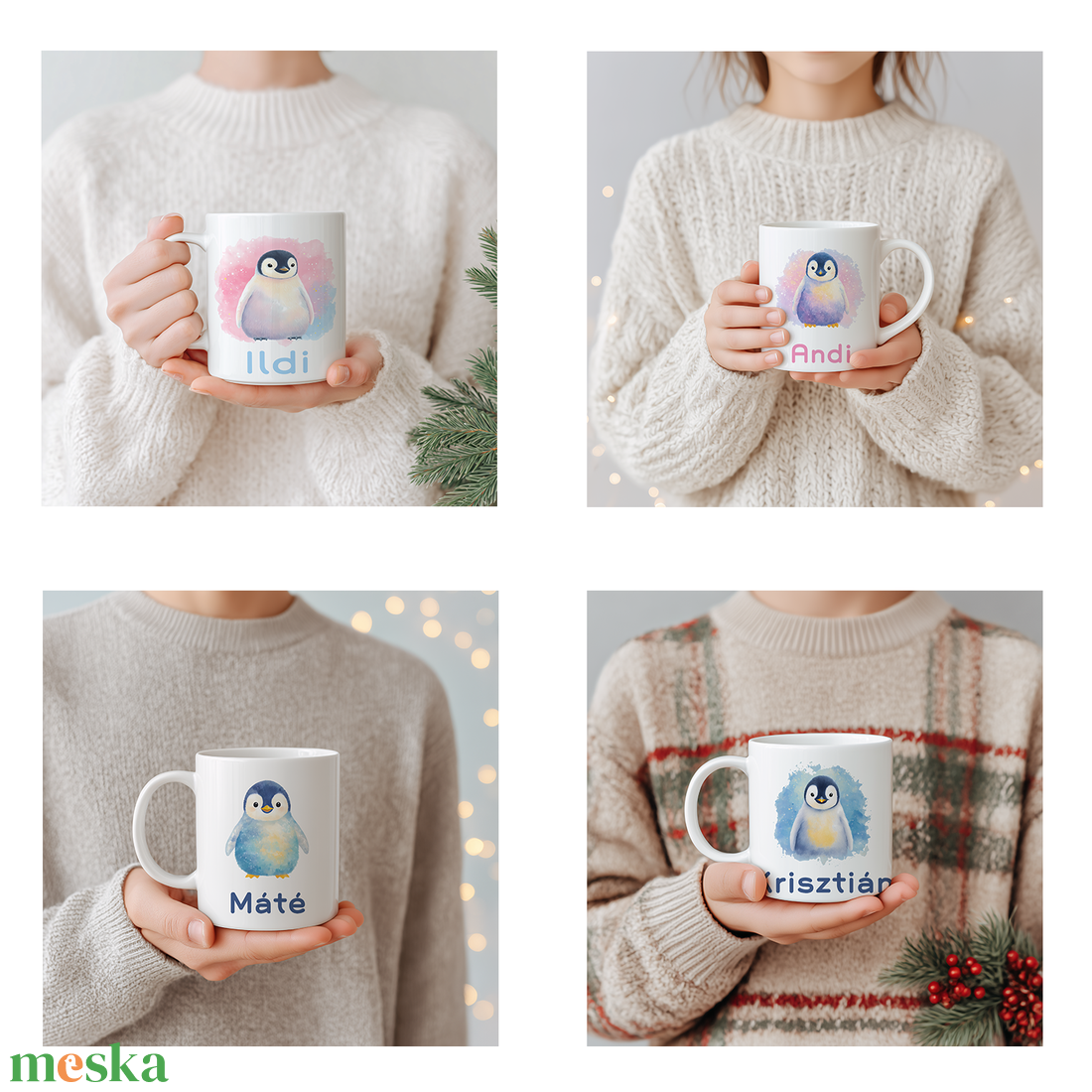 Névre szóló Pingvines bögre  vízfesték hatású karácsonyi ajándék (4 minta, 3 dl) - otthon & életmód - konyhafelszerelés, tálalás - tálalás - bögre & csésze - Meska.hu