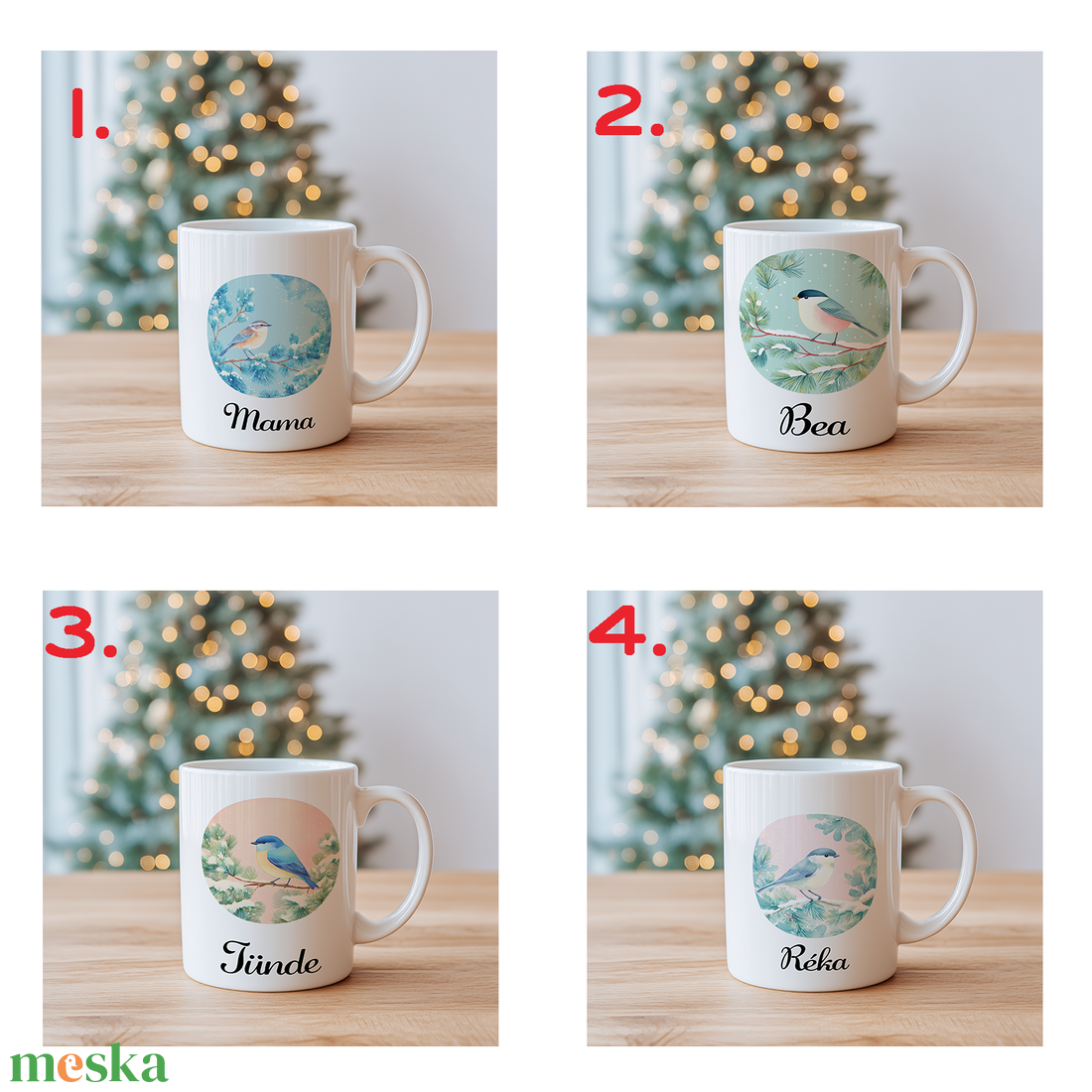 Névre szóló Madárkás bögre  vízfesték hatású téli ajándék (4 minta, 3 dl) - otthon & életmód - konyhafelszerelés, tálalás - tálalás - bögre & csésze - Meska.hu