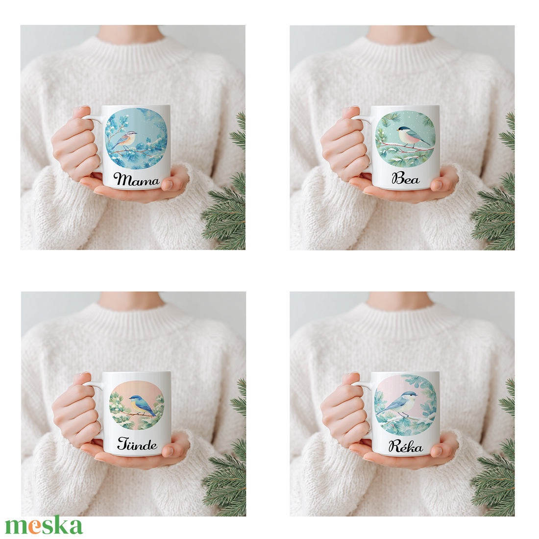 Névre szóló Madárkás bögre  vízfesték hatású téli ajándék (4 minta, 3 dl) - otthon & életmód - konyhafelszerelés, tálalás - tálalás - bögre & csésze - Meska.hu