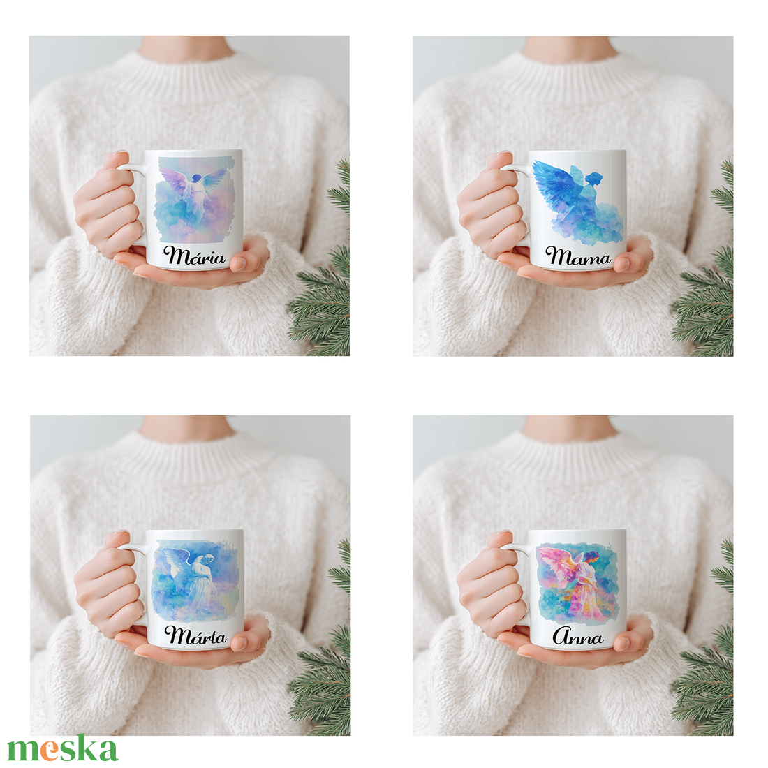 Névre szóló Angyalos bögre  vízfesték hatású karácsonyi minta, 3 dl - otthon & életmód - konyhafelszerelés, tálalás - tálalás - bögre & csésze - Meska.hu