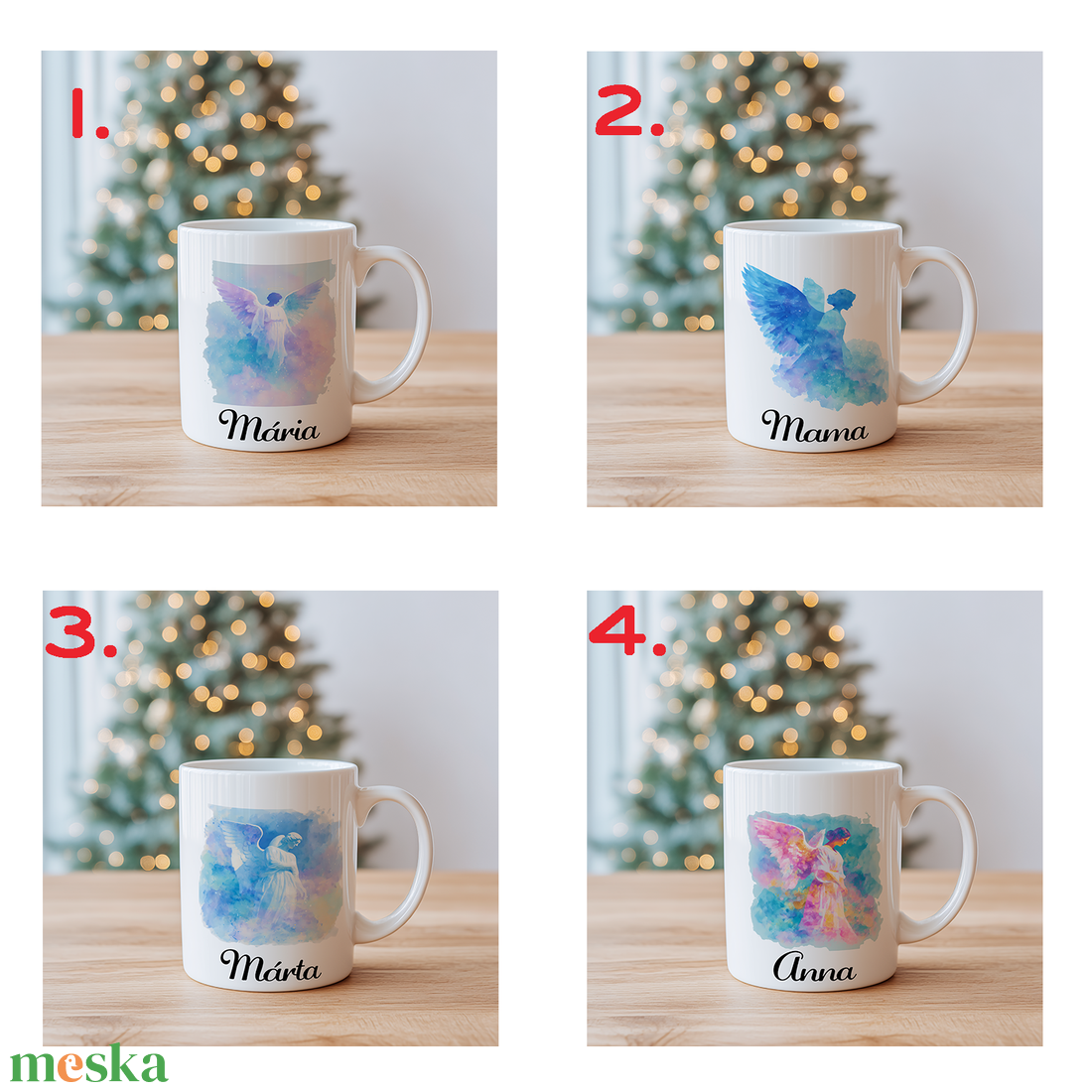 Névre szóló Angyalos bögre  vízfesték hatású karácsonyi minta, 3 dl - otthon & életmód - konyhafelszerelés, tálalás - tálalás - bögre & csésze - Meska.hu