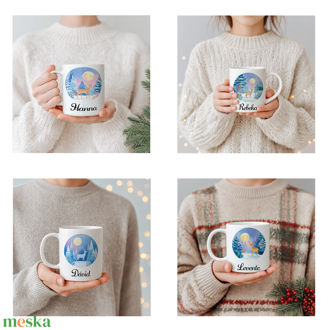 Névre szóló Szarvas a téli erdőben bögre � 4 minta közül választható - otthon & életmód - konyhafelszerelés, tálalás - tálalás - bögre & csésze - Meska.hu