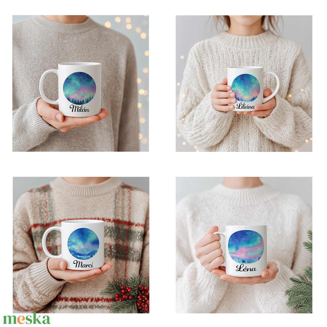 Névre szóló Téli csillagos égbolt sarki fénnyel bögre  4 minta közül választható - otthon & életmód - konyhafelszerelés, tálalás - tálalás - bögre & csésze - Meska.hu